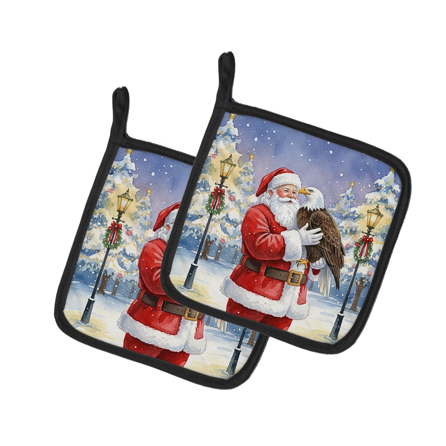 Eagle with Santa Claus Pot Holder Set of 2 Heat Resistant Quilted Hot Pads 7.5 x 7.5 Inch, Insulated Kitchen Trivets for Cooking & Baking