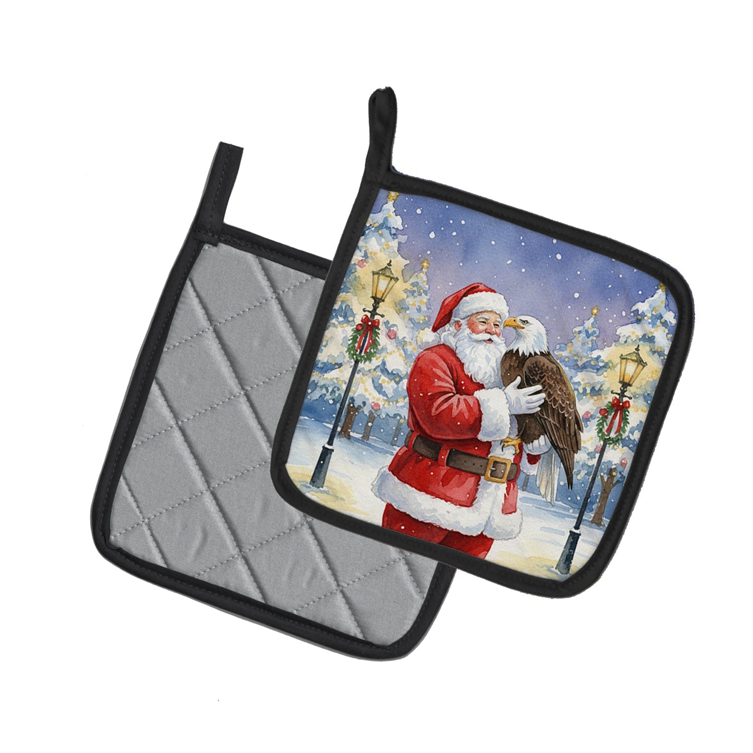 Eagle with Santa Claus Pot Holder Set of 2 Heat Resistant Quilted Hot Pads 7.5 x 7.5 Inch, Insulated Kitchen Trivets for Cooking & Baking
