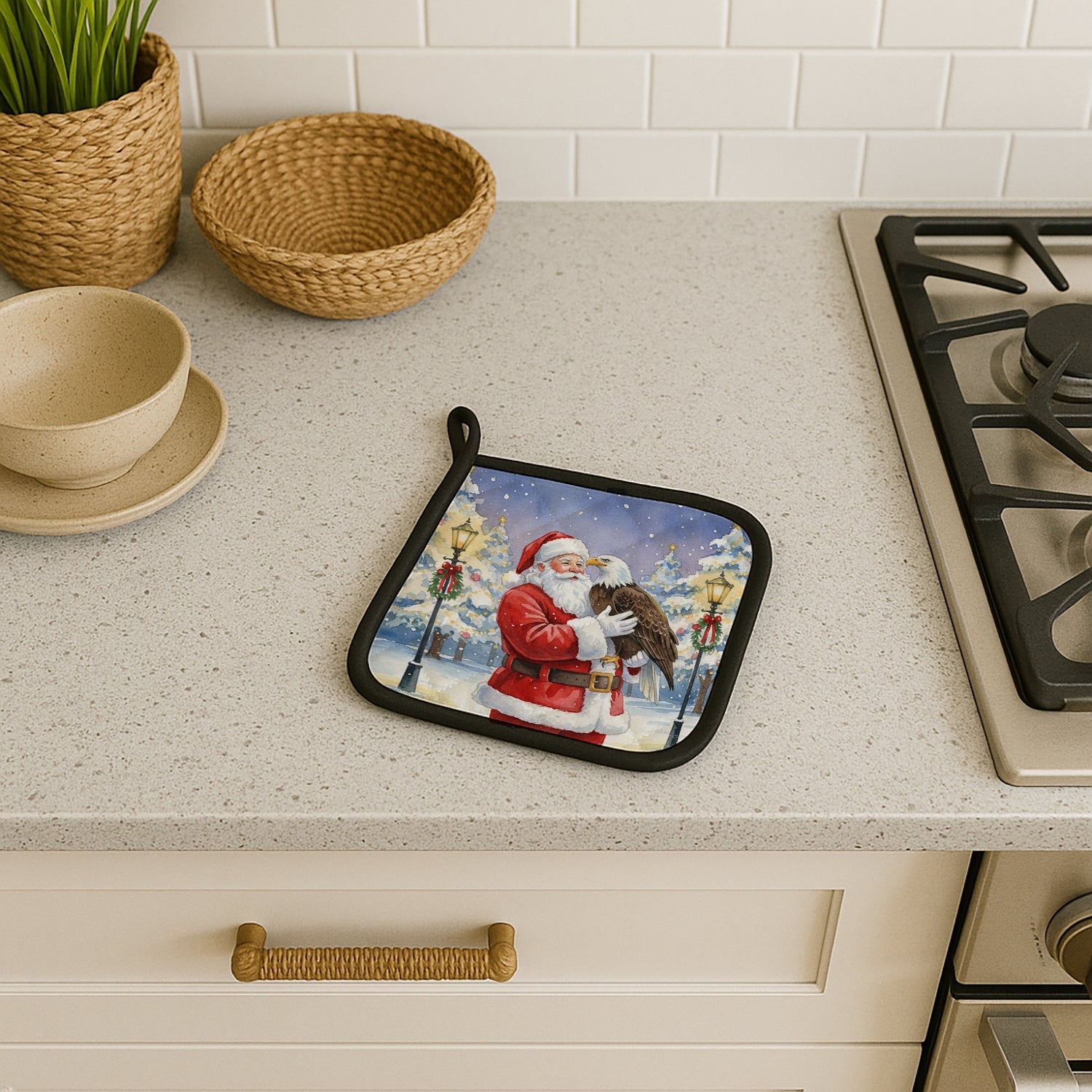 Eagle with Santa Claus Pot Holder Set of 2 Heat Resistant Quilted Hot Pads 7.5 x 7.5 Inch, Insulated Kitchen Trivets for Cooking & Baking