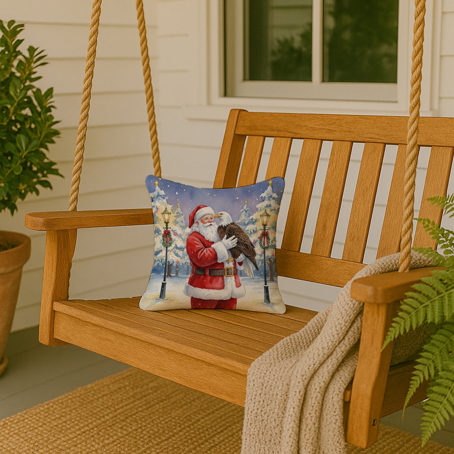 Eagle with Santa Claus Decorative Throw Pillow 14x14 Indoor Outdoor Accent Cushion, Fabric Cover with Insert for Sofa, Bed, Porch & Living Room
