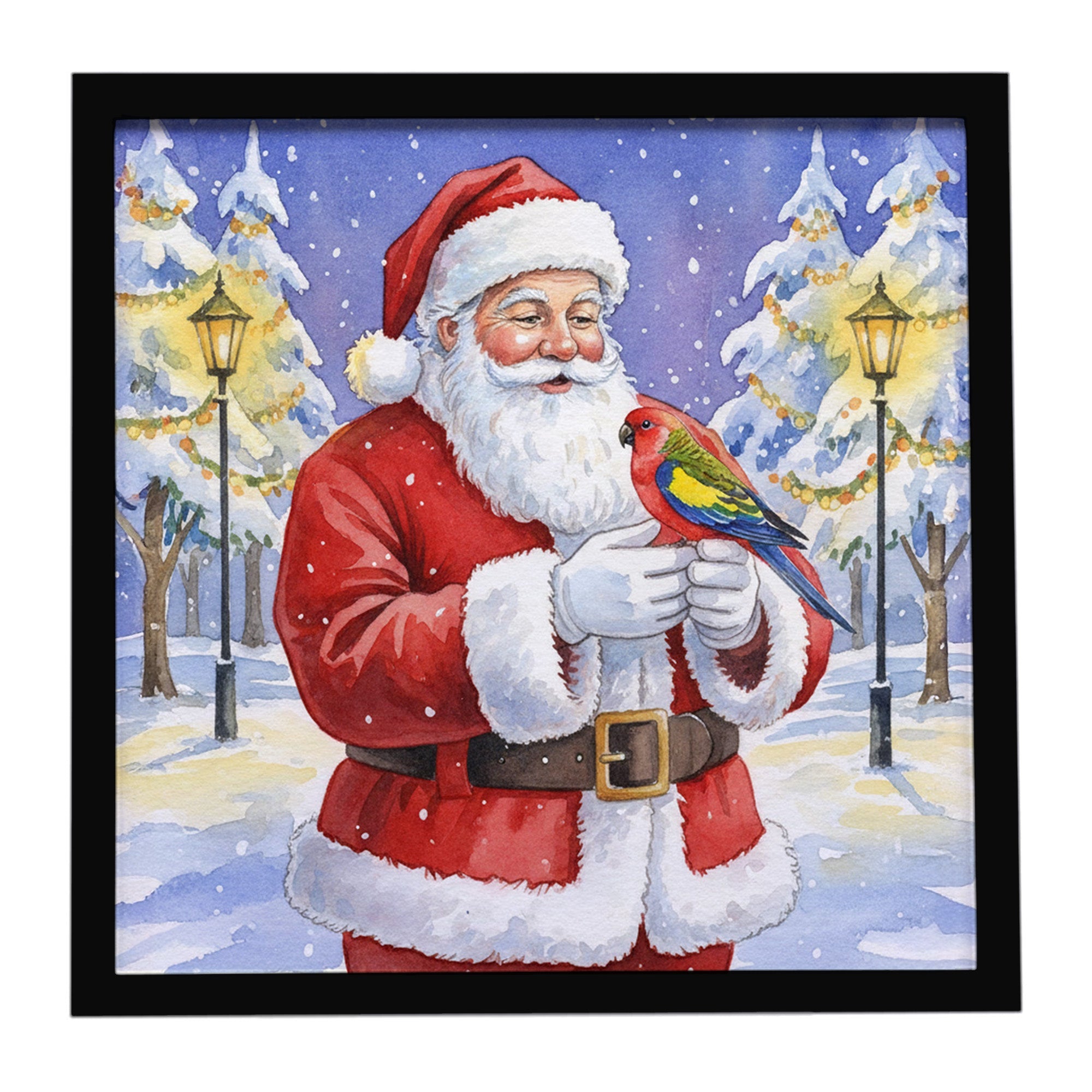 Eastern Rosella with Santa Claus Framed Metal Print Bathroom, Kitchen, Office, Home Decor Wall Art Ready to Hang, Square, 8X8