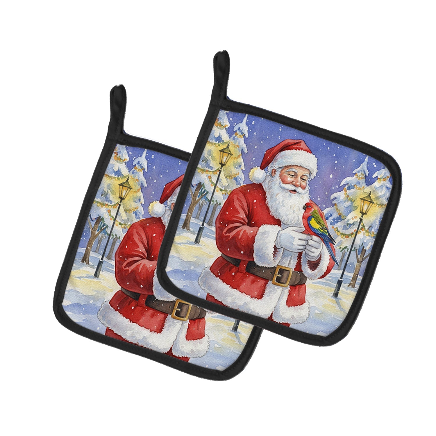 Eastern Rosella with Santa Claus Pot Holder Set of 2 Heat Resistant Quilted Hot Pads 7.5 x 7.5 Inch, Insulated Kitchen Trivets for Cooking & Baking