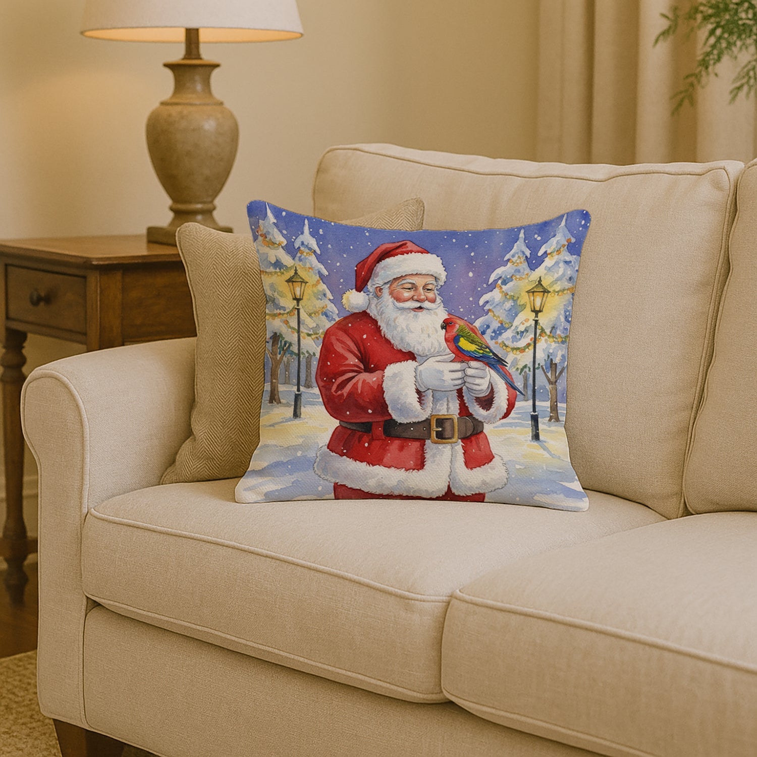 Eastern Rosella with Santa Claus Decorative Throw Pillow 14x14 Indoor Outdoor Accent Cushion, Fabric Cover with Insert for Sofa, Bed, Porch & Living Room