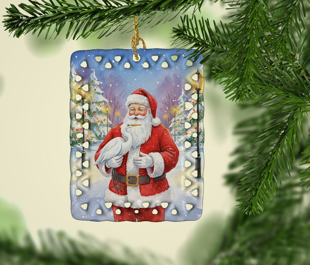 Egret with Santa Claus Porcelain Ornament Christmas Tree Hanging Decorations for Home Christmas Holiday, Rectangle, Gift, Multicolor