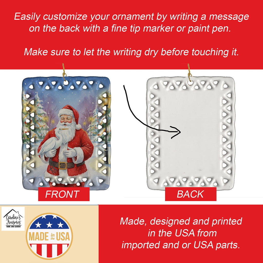 Egret with Santa Claus Porcelain Ornament Christmas Tree Hanging Decorations for Home Christmas Holiday, Rectangle, Gift, Multicolor