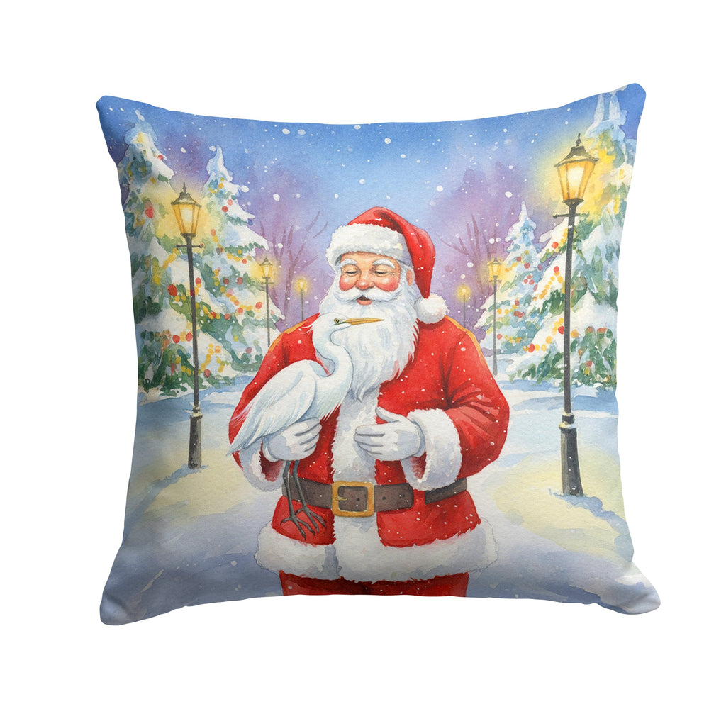 Egret with Santa Claus Decorative Throw Pillow 14x14 Indoor Outdoor Accent Cushion, Fabric Cover with Insert for Sofa, Bed, Porch & Living Room