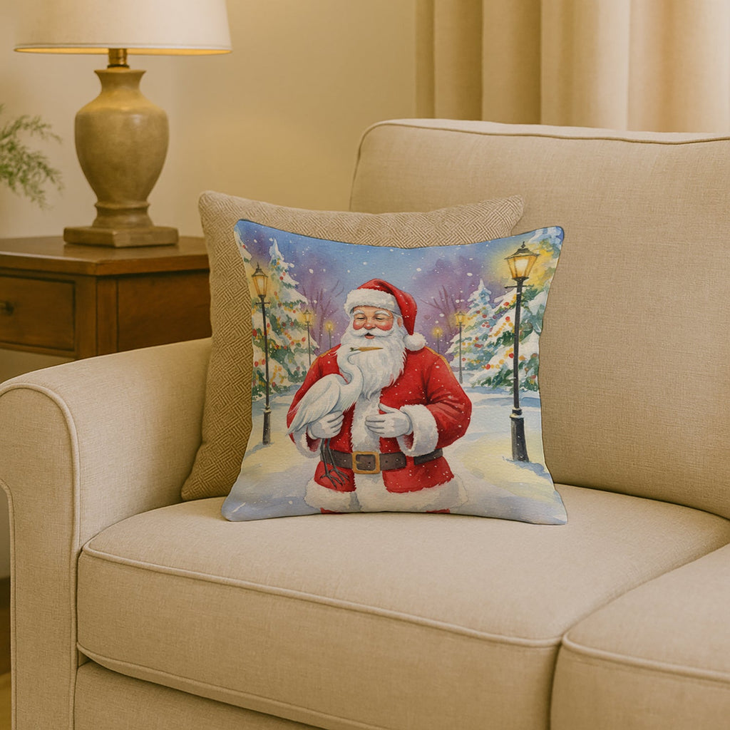 Egret with Santa Claus Decorative Throw Pillow 18x18 Indoor Outdoor Accent Cushion, Fabric Cover with Insert for Sofa, Bed, Porch & Living Room