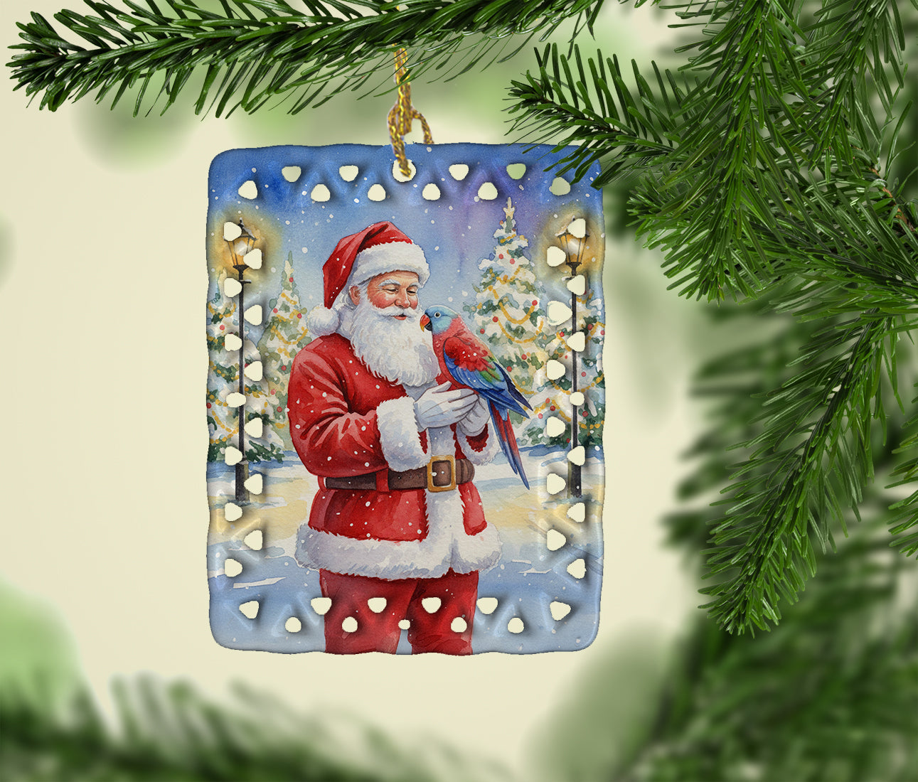 Female Eclectus with Santa Claus Porcelain Ornament Christmas Tree Hanging Decorations for Home Christmas Holiday, Rectangle, Gift, Multicolor