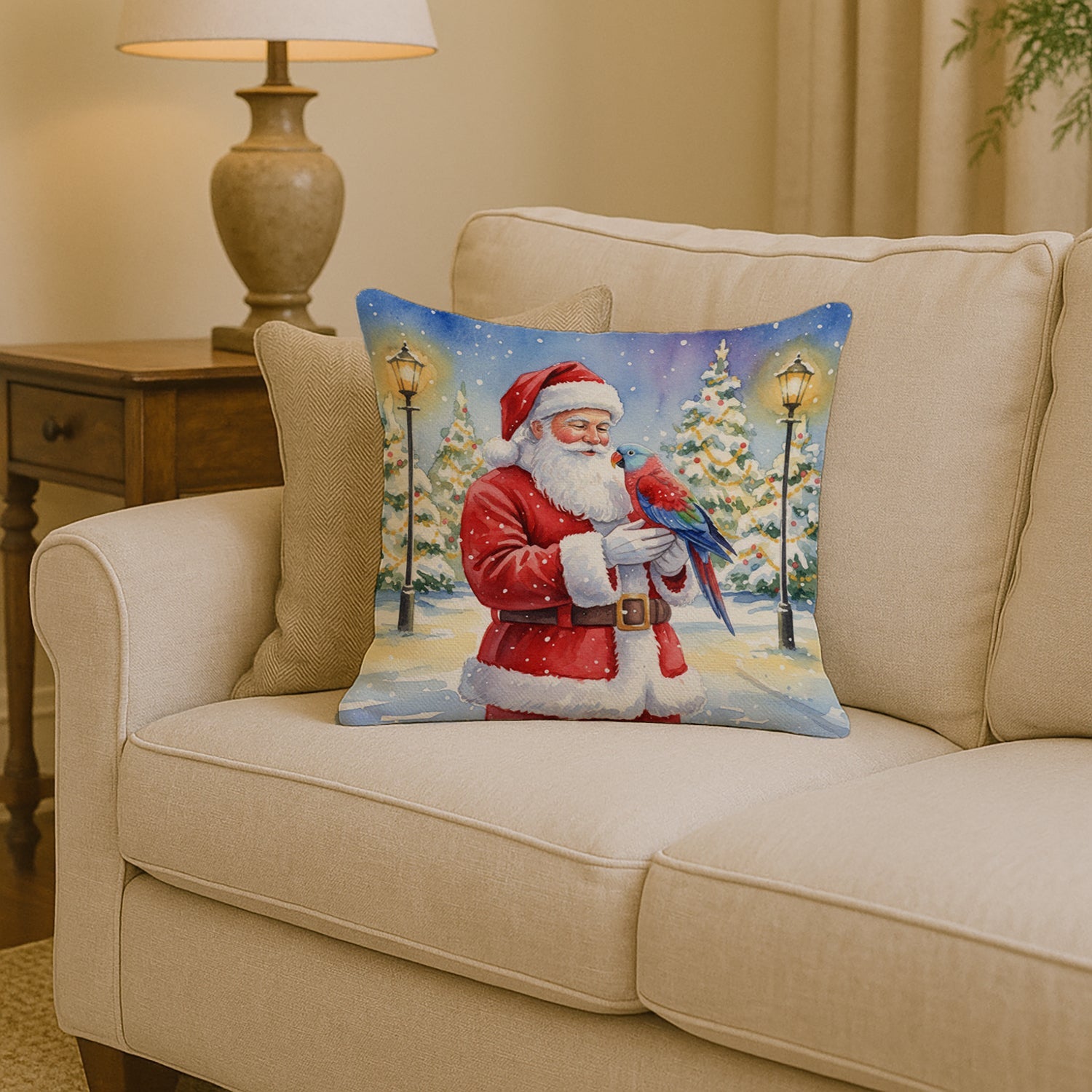 Female Eclectus with Santa Claus Decorative Throw Pillow 14x14 Indoor Outdoor Accent Cushion, Fabric Cover with Insert for Sofa, Bed, Porch & Living Room