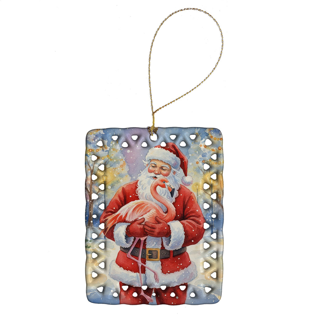 Flamingo with Santa Claus Porcelain Ornament Christmas Tree Hanging Decorations for Home Christmas Holiday, Rectangle, Gift, Multicolor