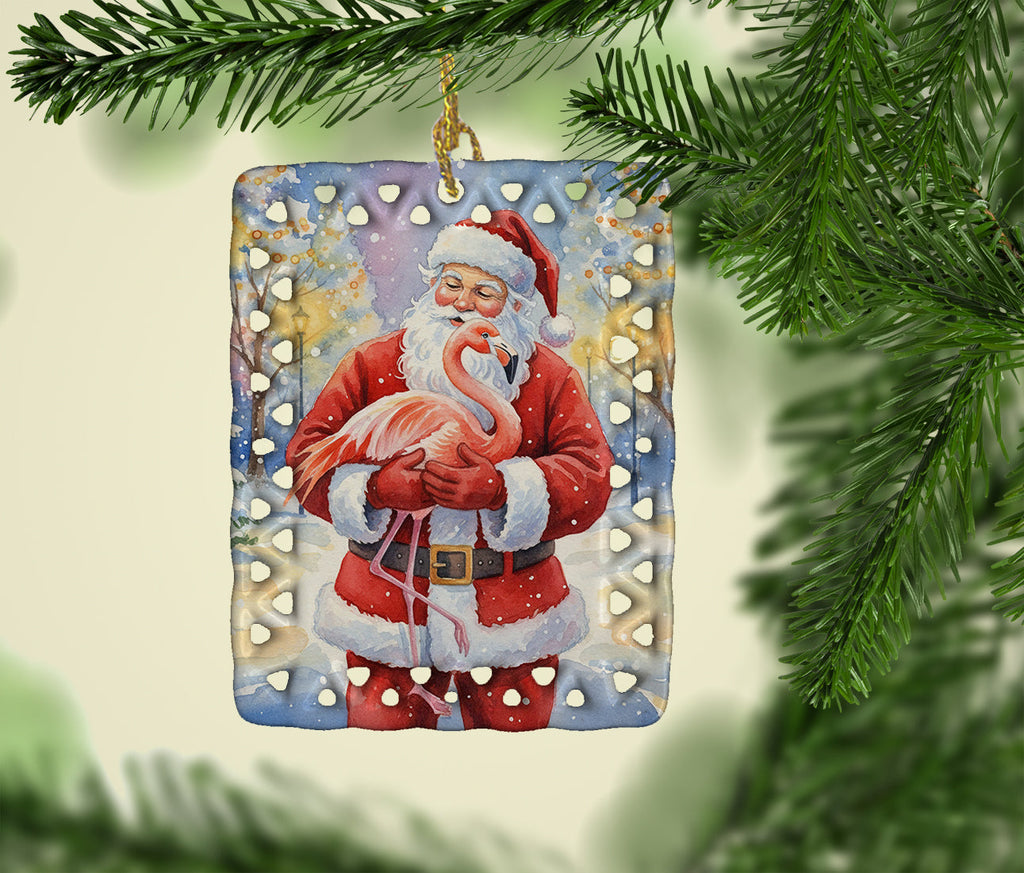 Flamingo with Santa Claus Porcelain Ornament Christmas Tree Hanging Decorations for Home Christmas Holiday, Rectangle, Gift, Multicolor