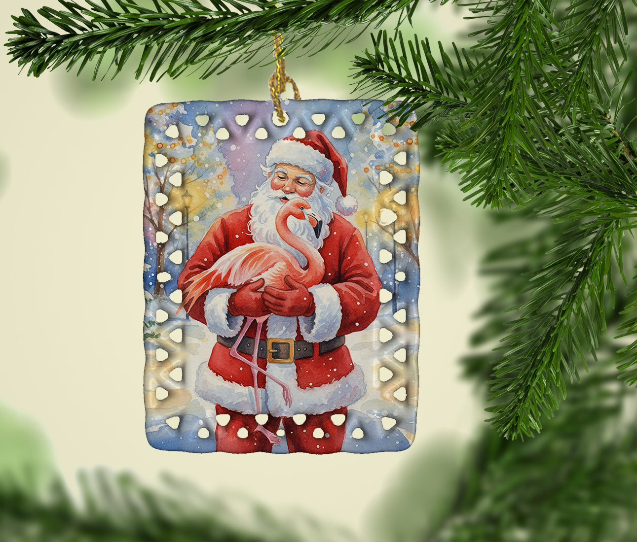 Flamingo with Santa Claus Porcelain Ornament Christmas Tree Hanging Decorations for Home Christmas Holiday, Rectangle, Gift, Multicolor