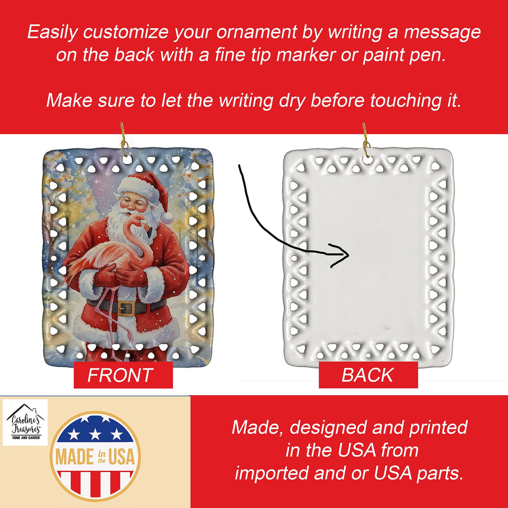 Flamingo with Santa Claus Porcelain Ornament Christmas Tree Hanging Decorations for Home Christmas Holiday, Rectangle, Gift, Multicolor