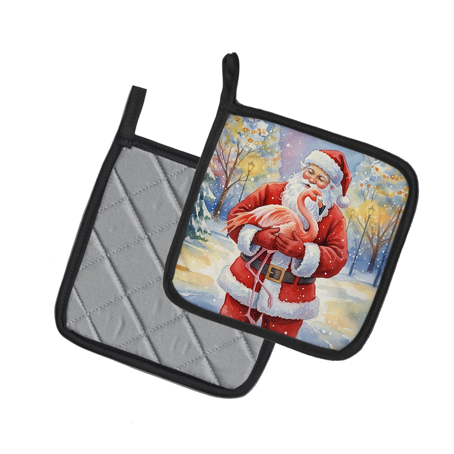 Flamingo with Santa Claus Pot Holder Set of 2 Heat Resistant Quilted Hot Pads 7.5 x 7.5 Inch, Insulated Kitchen Trivets for Cooking & Baking