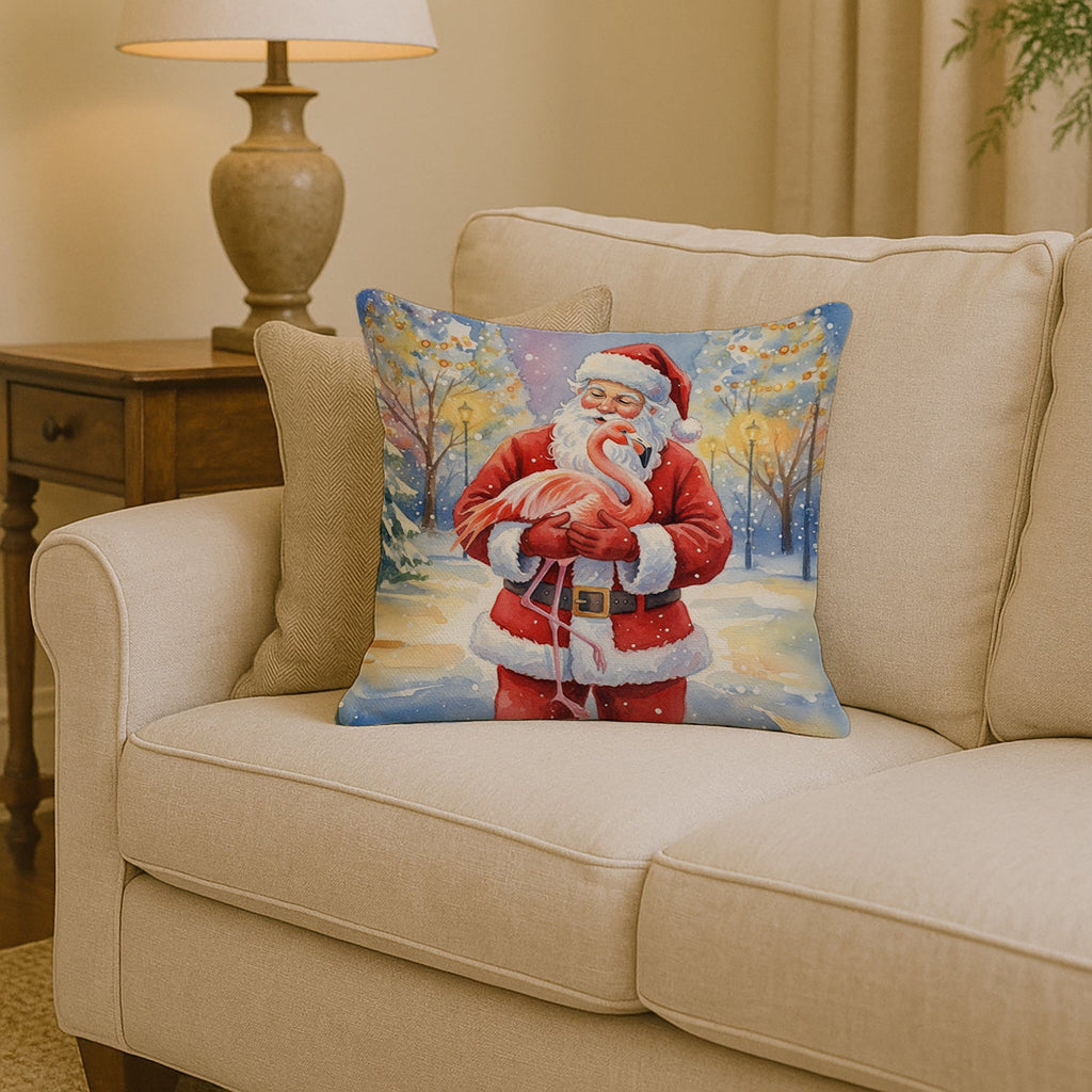 Flamingo with Santa Claus Decorative Throw Pillow 14x14 Indoor Outdoor Accent Cushion, Fabric Cover with Insert for Sofa, Bed, Porch & Living Room