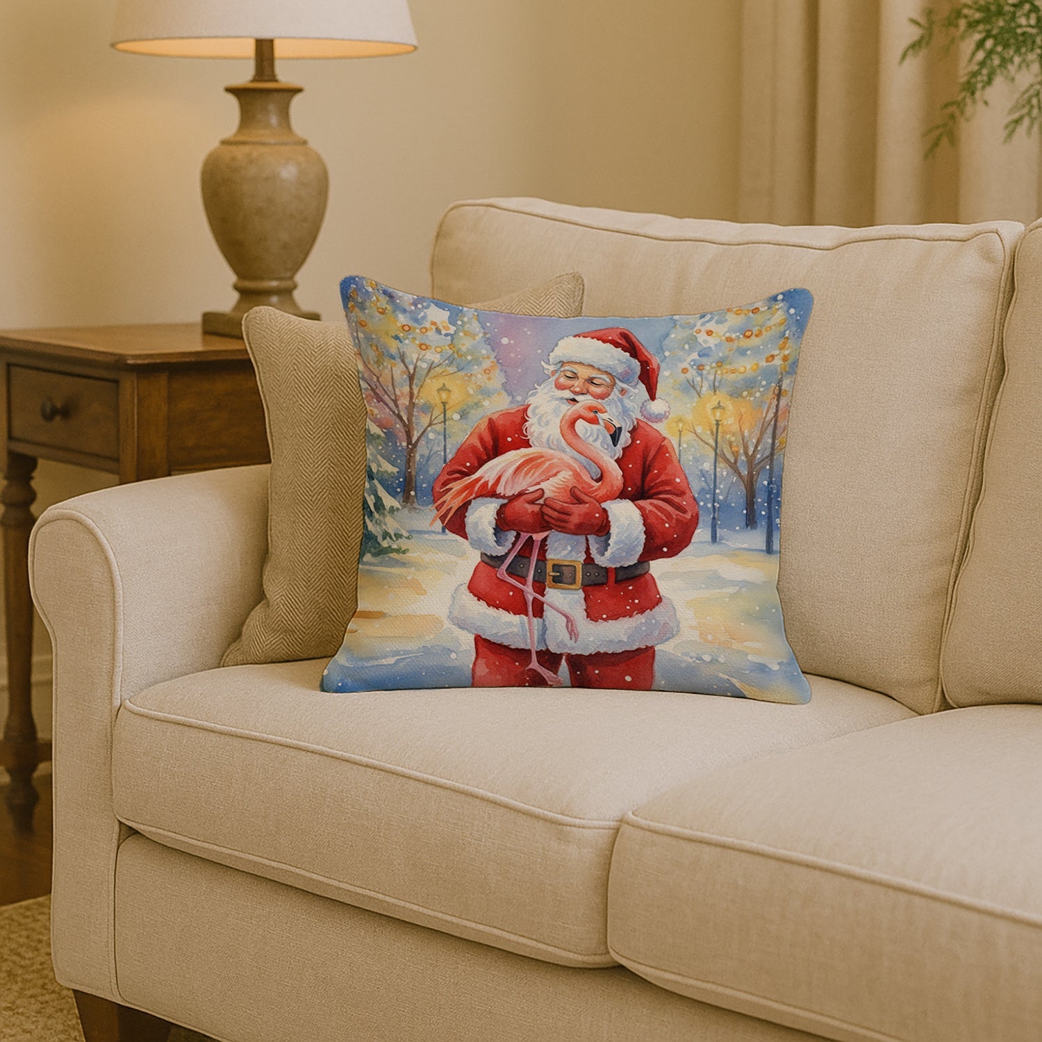 Flamingo with Santa Claus Decorative Throw Pillow 14x14 Indoor Outdoor Accent Cushion, Fabric Cover with Insert for Sofa, Bed, Porch & Living Room