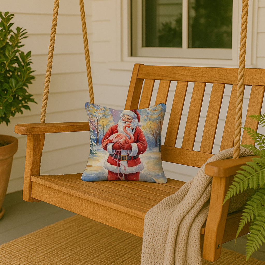 Flamingo with Santa Claus Decorative Throw Pillow 14x14 Indoor Outdoor Accent Cushion, Fabric Cover with Insert for Sofa, Bed, Porch & Living Room