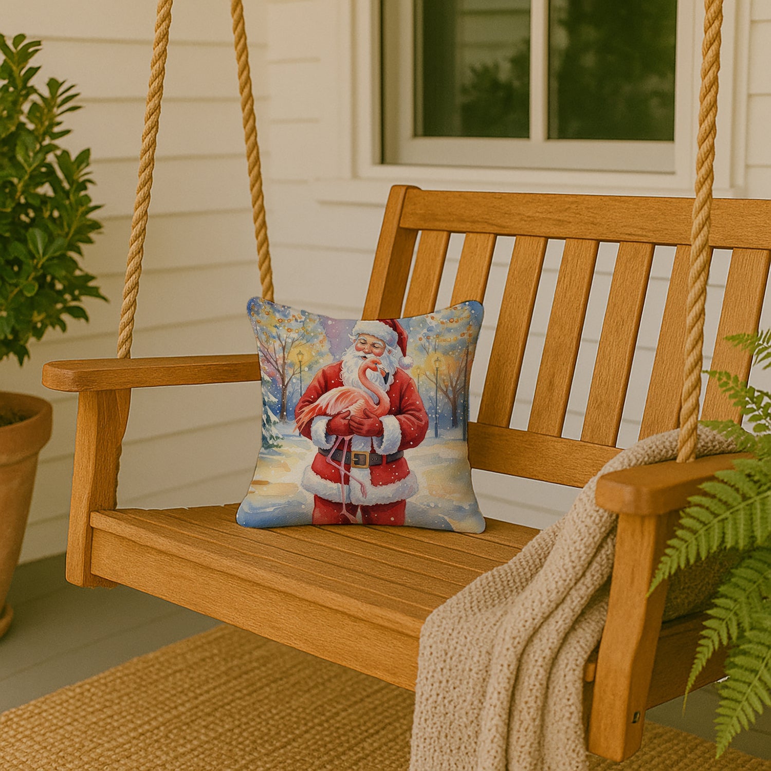 Flamingo with Santa Claus Decorative Throw Pillow 14x14 Indoor Outdoor Accent Cushion, Fabric Cover with Insert for Sofa, Bed, Porch & Living Room