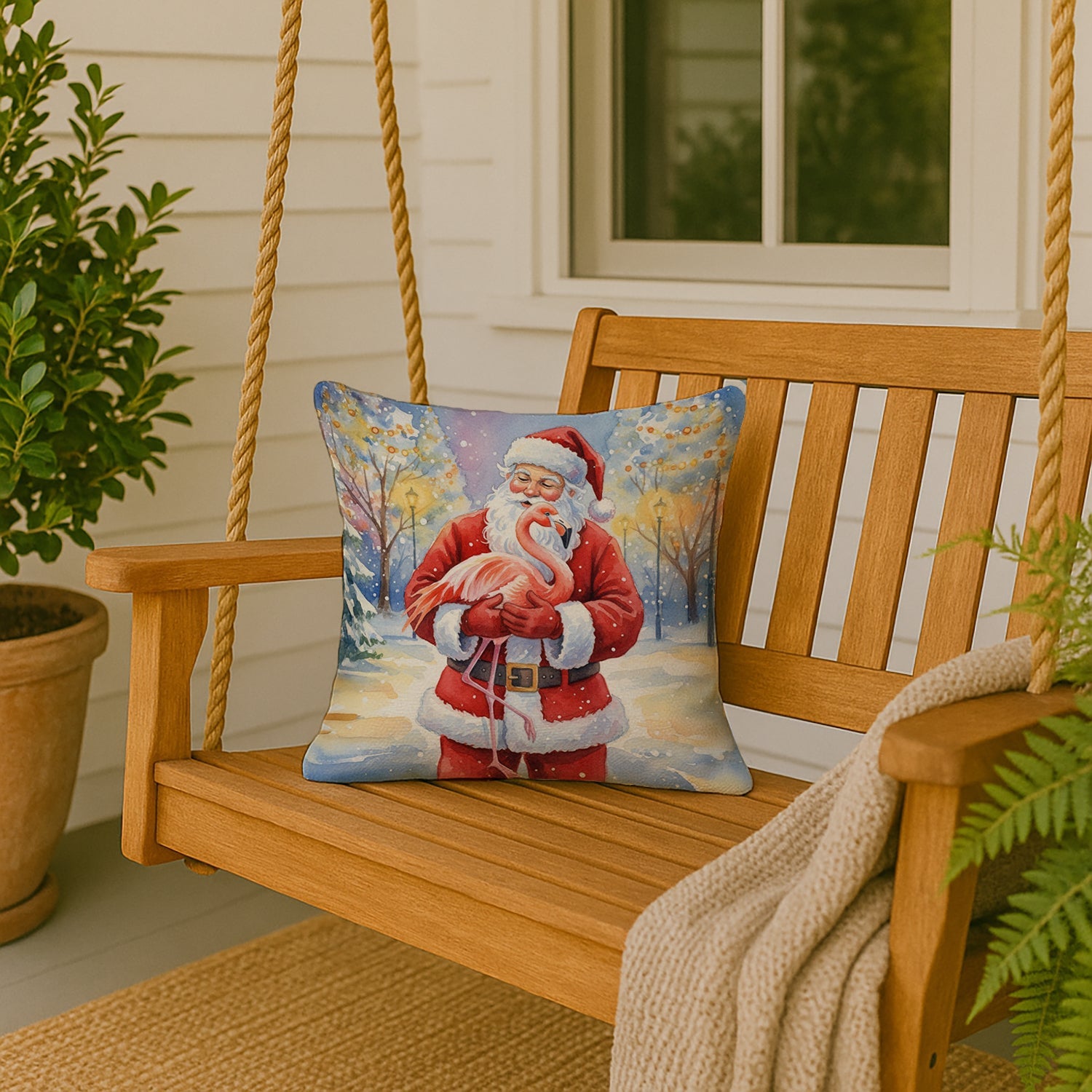 Flamingo with Santa Claus Decorative Throw Pillow 18x18 Indoor Outdoor Accent Cushion, Fabric Cover with Insert for Sofa, Bed, Porch & Living Room