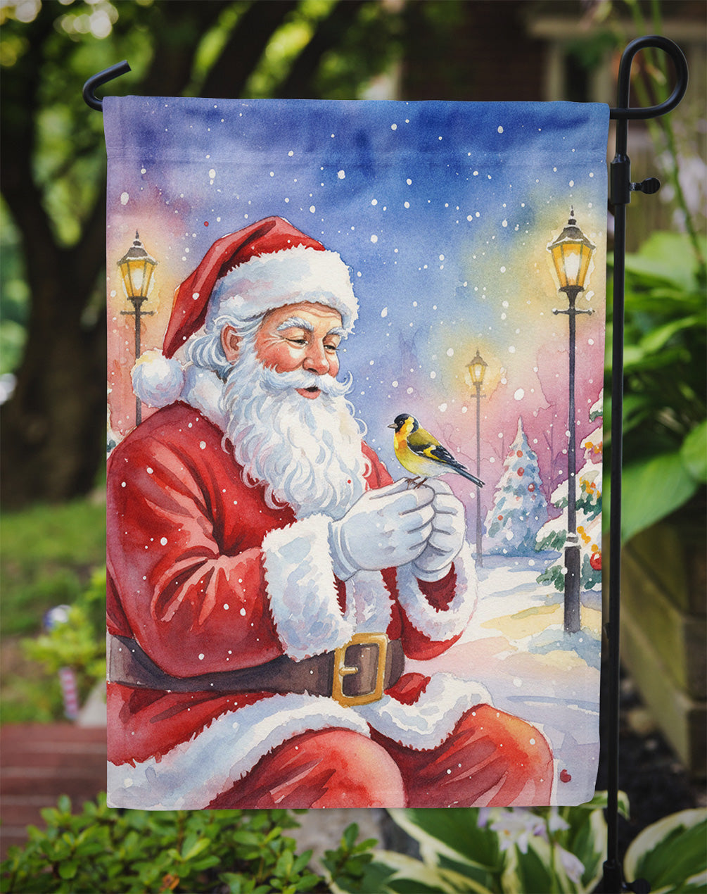 Goldfinch with Santa Claus Garden Flag Mailbox Decorative Yard Banner Outside Patio Artwork for Flower Beds, Garden Size, Multicolor