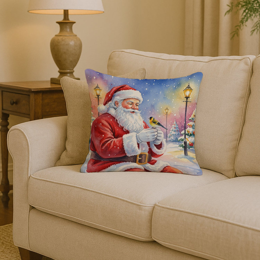 Goldfinch with Santa Claus Decorative Throw Pillow 14x14 Indoor Outdoor Accent Cushion, Fabric Cover with Insert for Sofa, Bed, Porch & Living Room