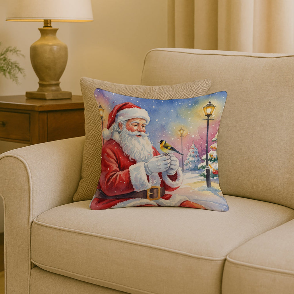 Goldfinch with Santa Claus Decorative Throw Pillow 18x18 Indoor Outdoor Accent Cushion, Fabric Cover with Insert for Sofa, Bed, Porch & Living Room