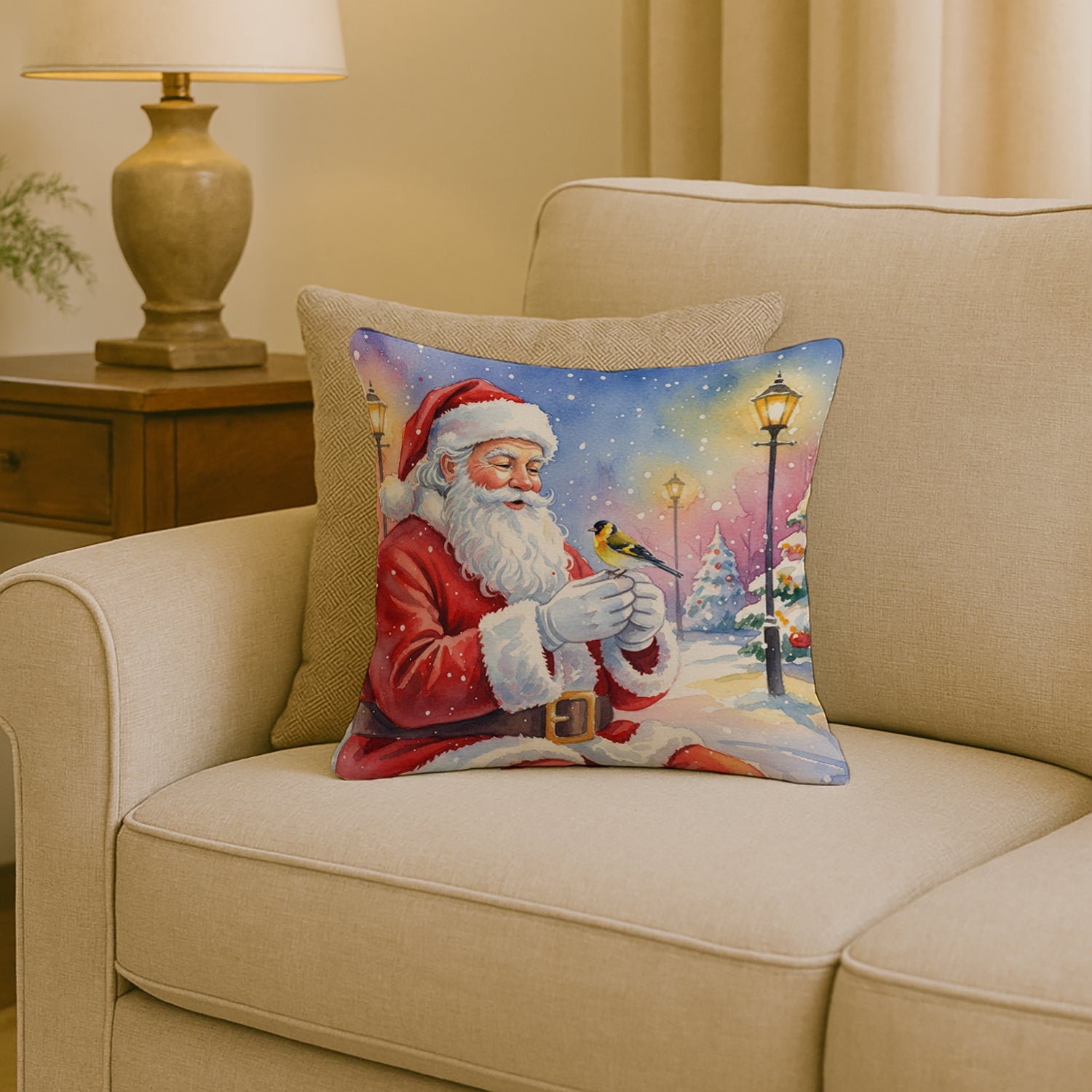 Goldfinch with Santa Claus Decorative Throw Pillow 18x18 Indoor Outdoor Accent Cushion, Fabric Cover with Insert for Sofa, Bed, Porch & Living Room