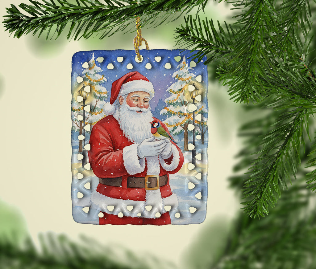 Gouldian Finch with Santa Claus Porcelain Ornament Christmas Tree Hanging Decorations for Home Christmas Holiday, Rectangle, Gift, Multicolor