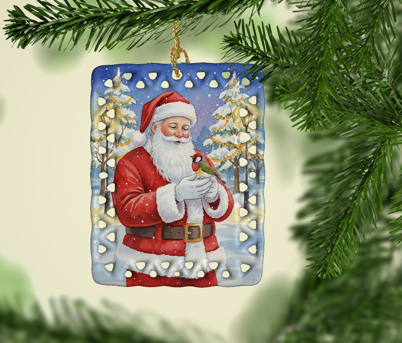 Gouldian Finch with Santa Claus Porcelain Ornament Christmas Tree Hanging Decorations for Home Christmas Holiday, Rectangle, Gift, Multicolor