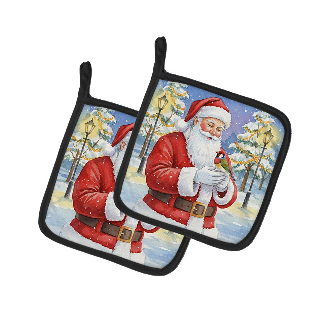 Gouldian Finch with Santa Claus Pot Holder Set of 2 Heat Resistant Quilted Hot Pads 7.5 x 7.5 Inch, Insulated Kitchen Trivets for Cooking & Baking