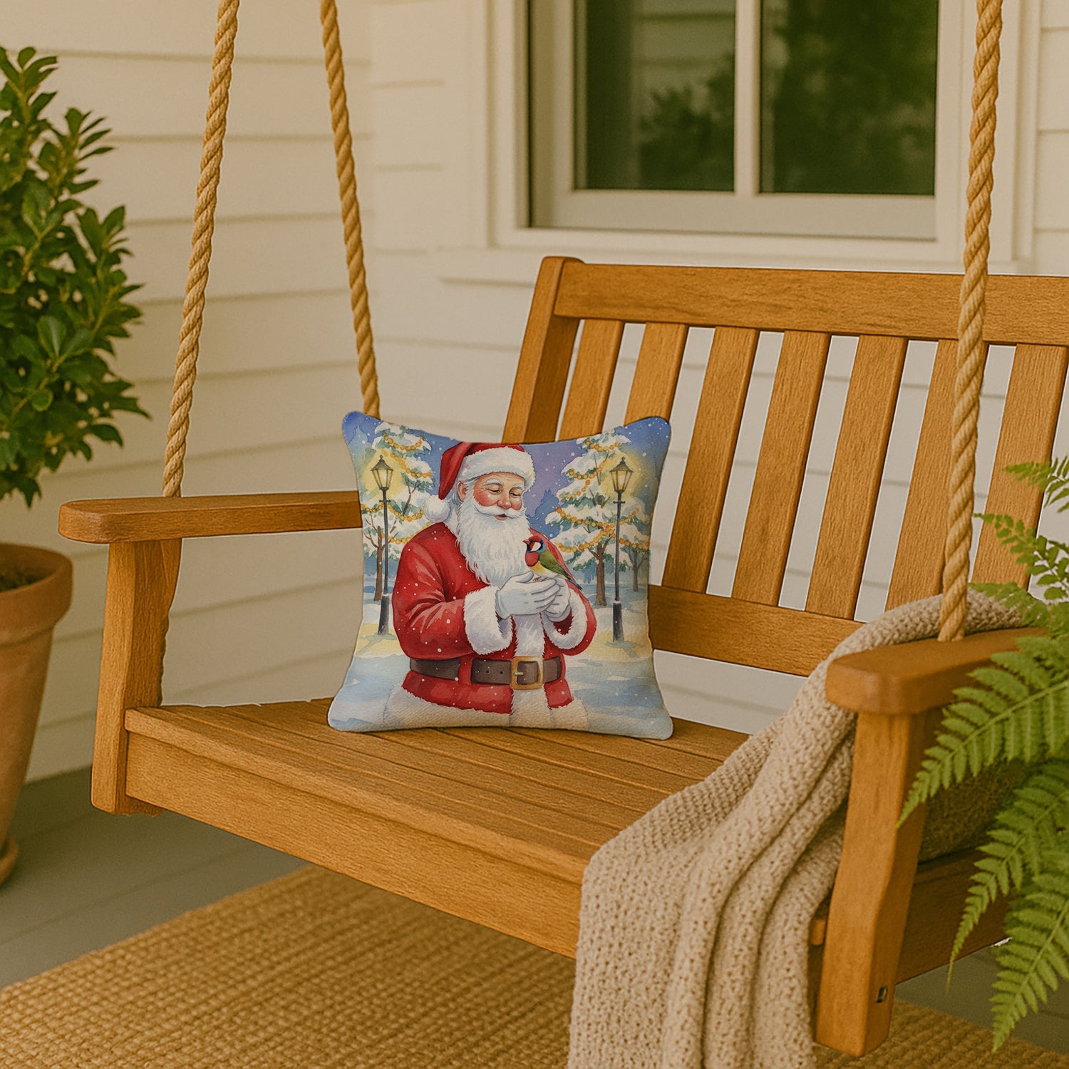 Gouldian Finch with Santa Claus Decorative Throw Pillow 14x14 Indoor Outdoor Accent Cushion, Fabric Cover with Insert for Sofa, Bed, Porch & Living Room