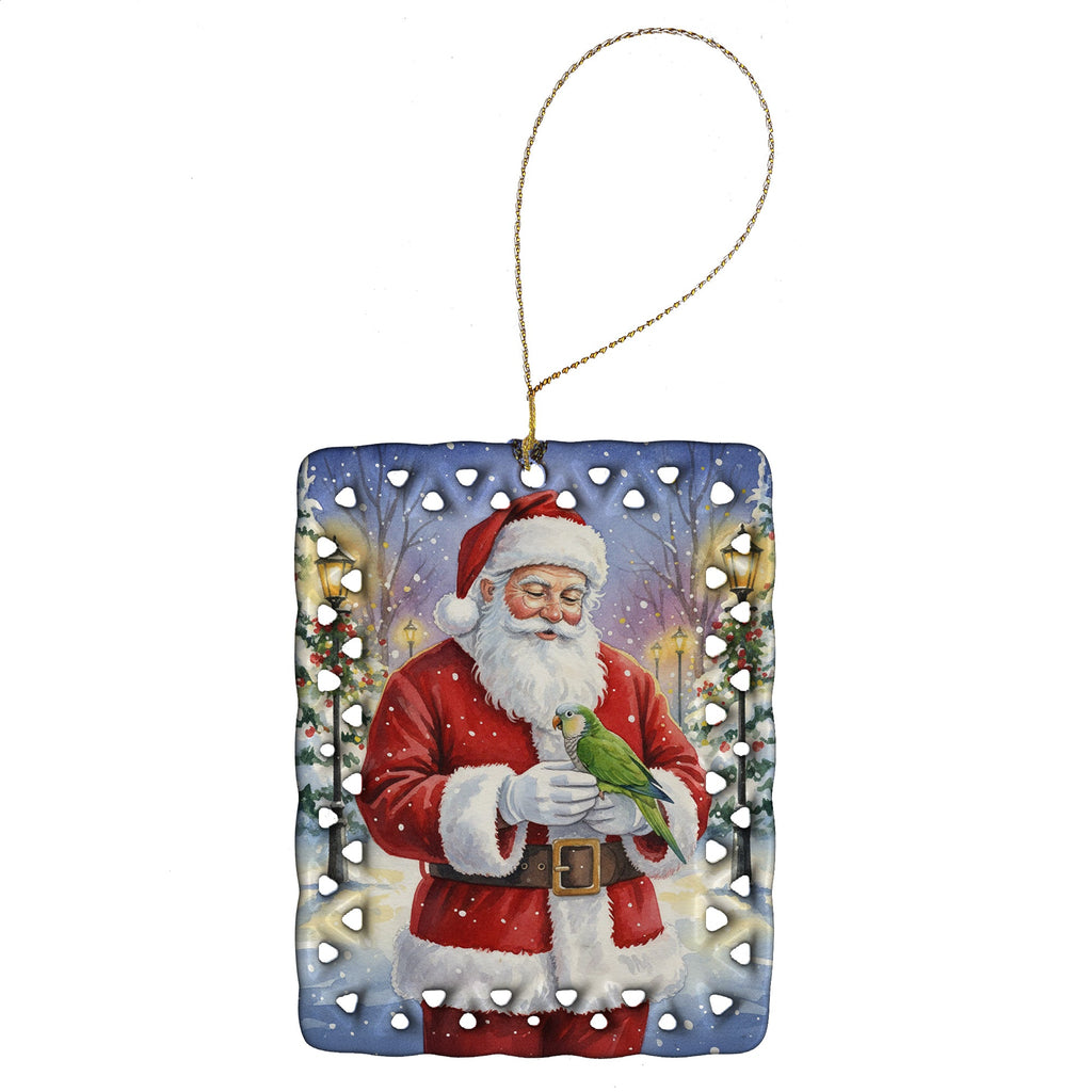 Green Quaker Parrot with Santa Claus Porcelain Ornament Christmas Tree Hanging Decorations for Home Christmas Holiday, Rectangle, Gift, Multicolor
