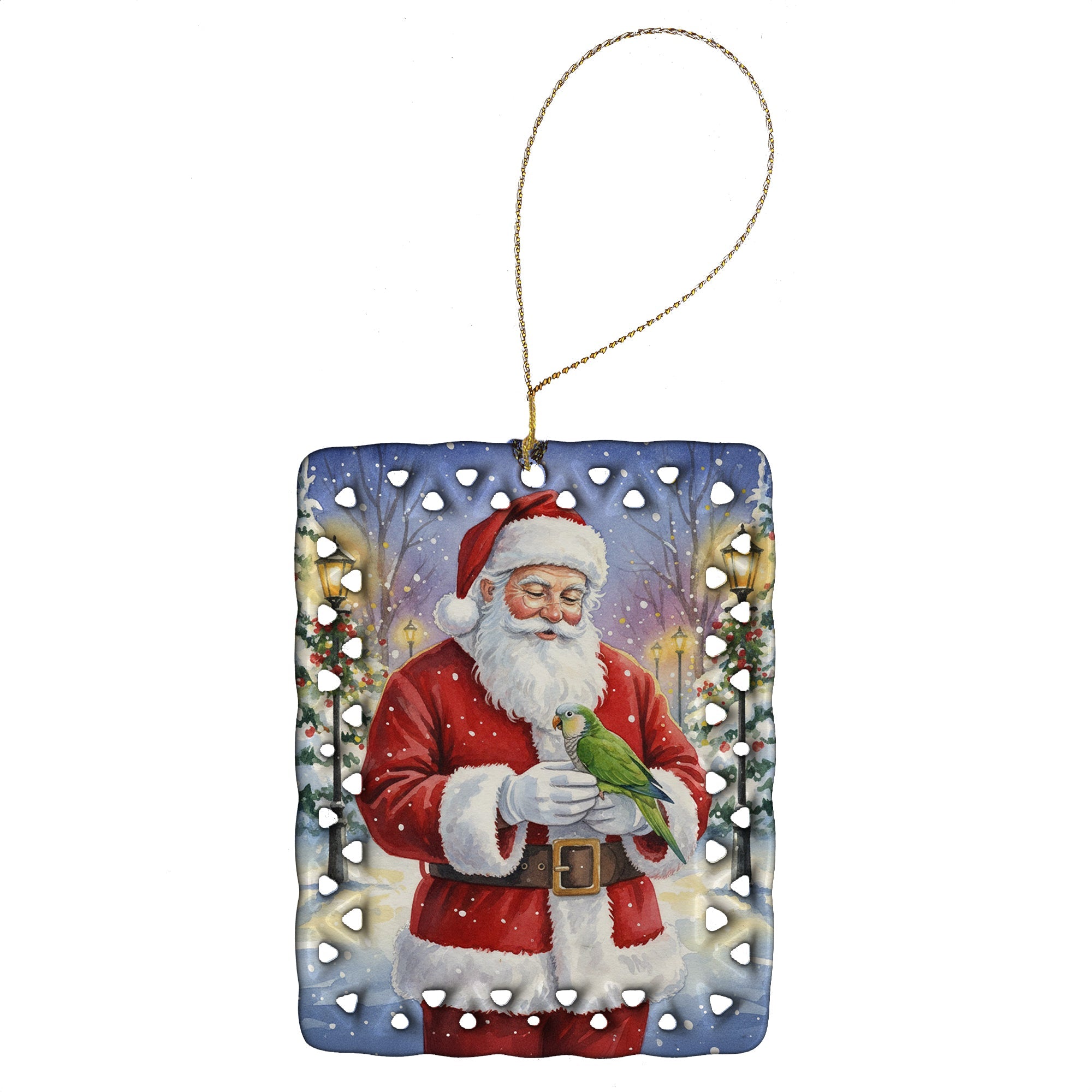 Green Quaker Parrot with Santa Claus Porcelain Ornament Christmas Tree Hanging Decorations for Home Christmas Holiday, Rectangle, Gift, Multicolor
