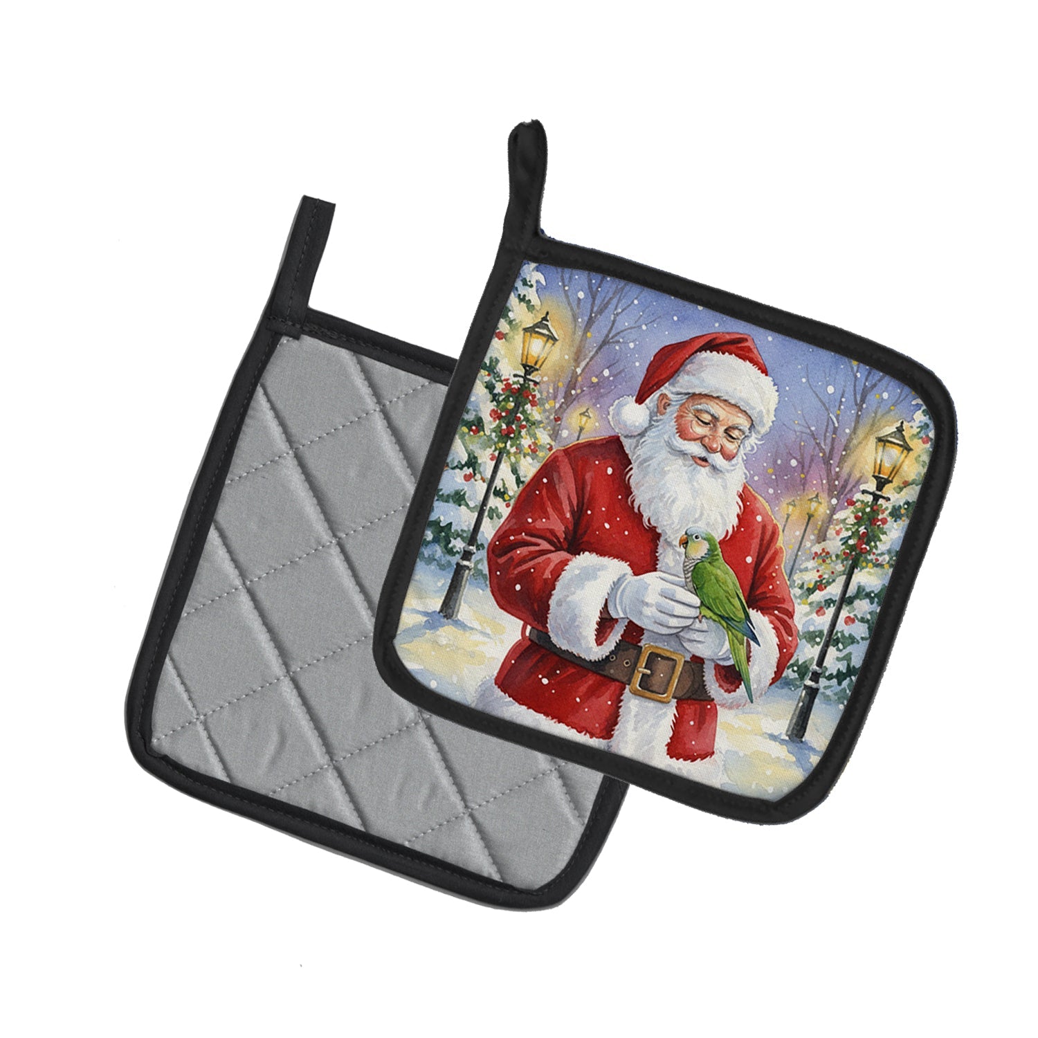 Green Quaker Parrot with Santa Claus Pot Holder Set of 2 Heat Resistant Quilted Hot Pads 7.5 x 7.5 Inch, Insulated Kitchen Trivets for Cooking & Baking
