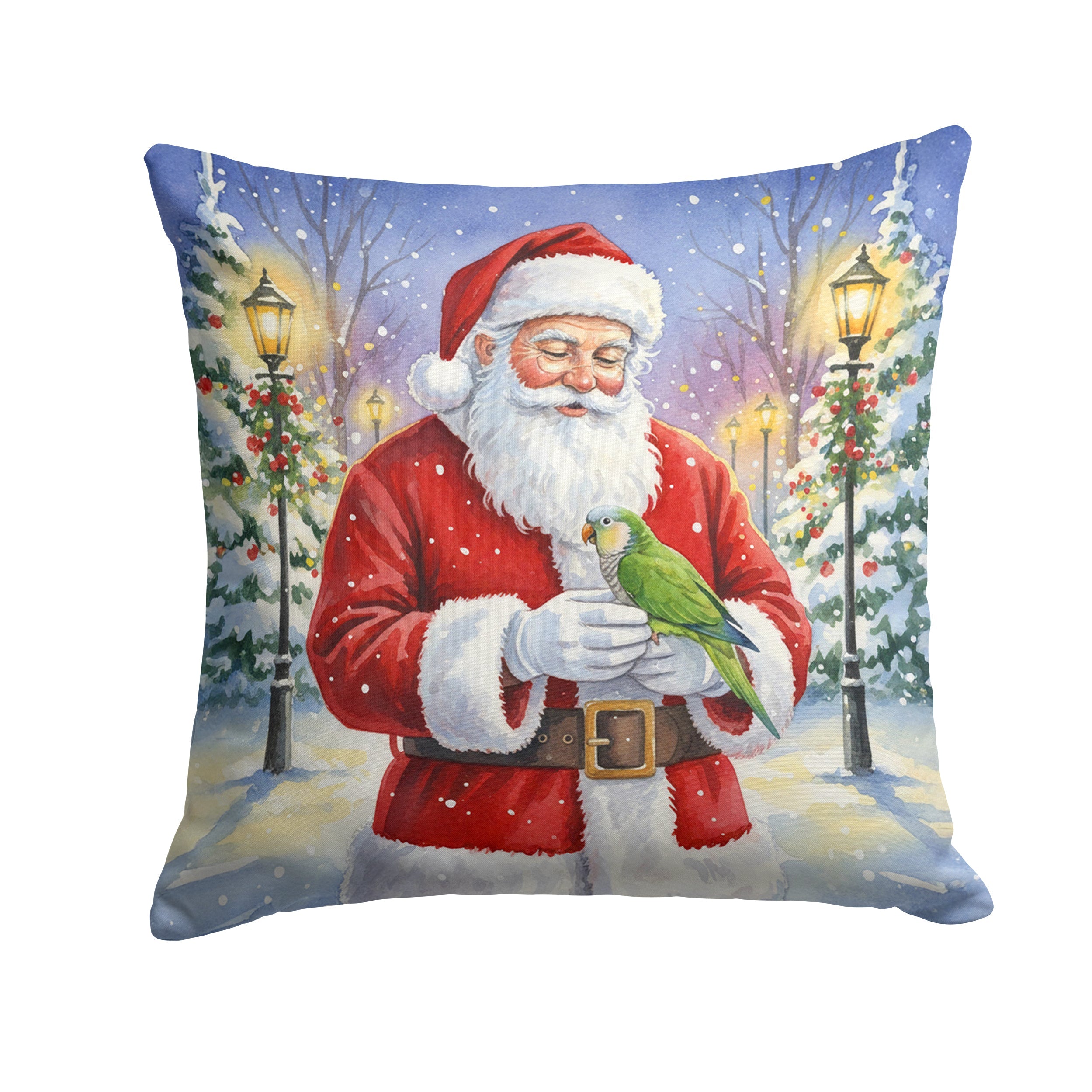 Green Quaker Parrot with Santa Claus Decorative Throw Pillow 14x14 Indoor Outdoor Accent Cushion, Fabric Cover with Insert for Sofa, Bed, Porch & Living Room