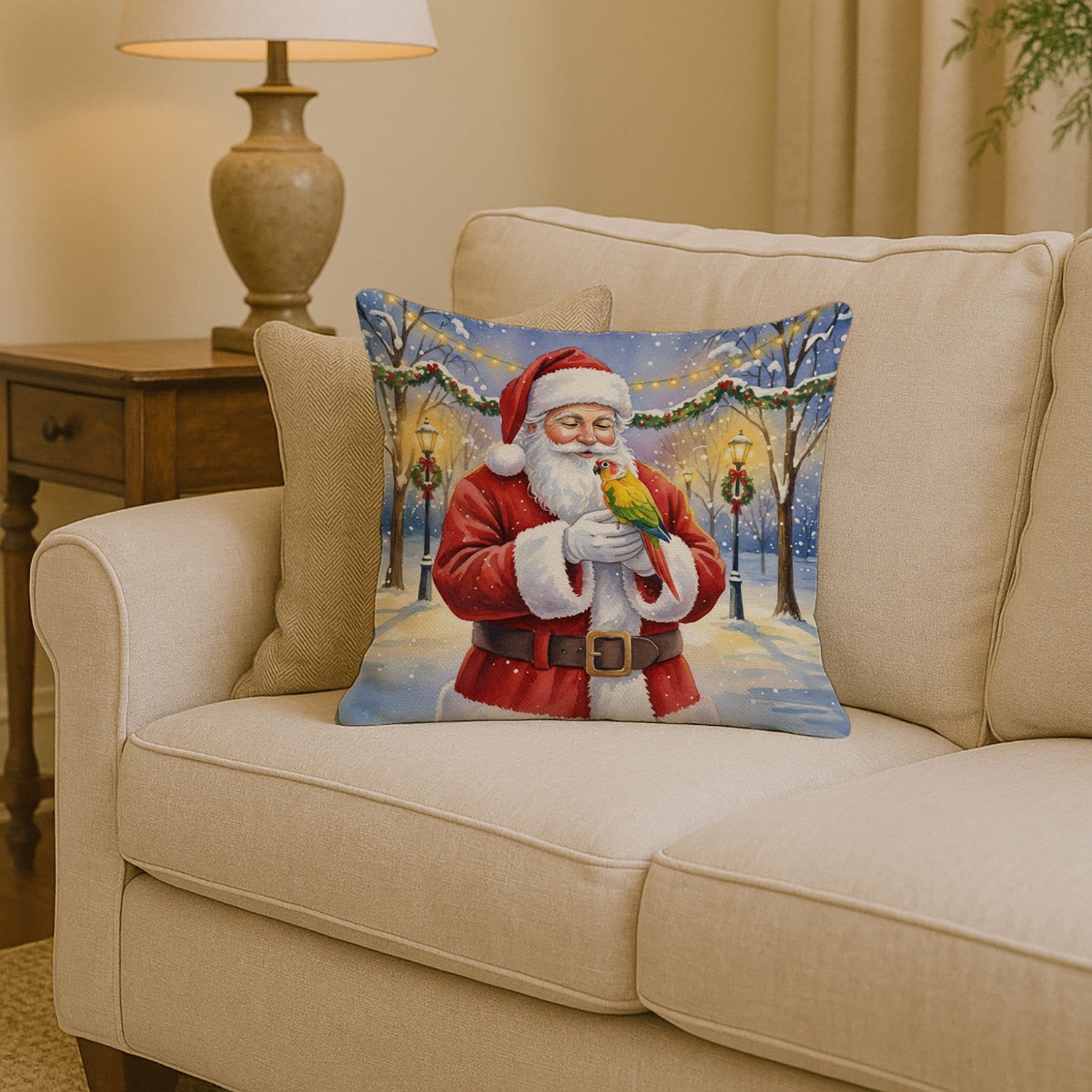 Green Cheeked Conure Parrot with Santa Claus Decorative Throw Pillow 14x14 Indoor Outdoor Accent Cushion, Fabric Cover with Insert for Sofa, Bed, Porch & Living Room