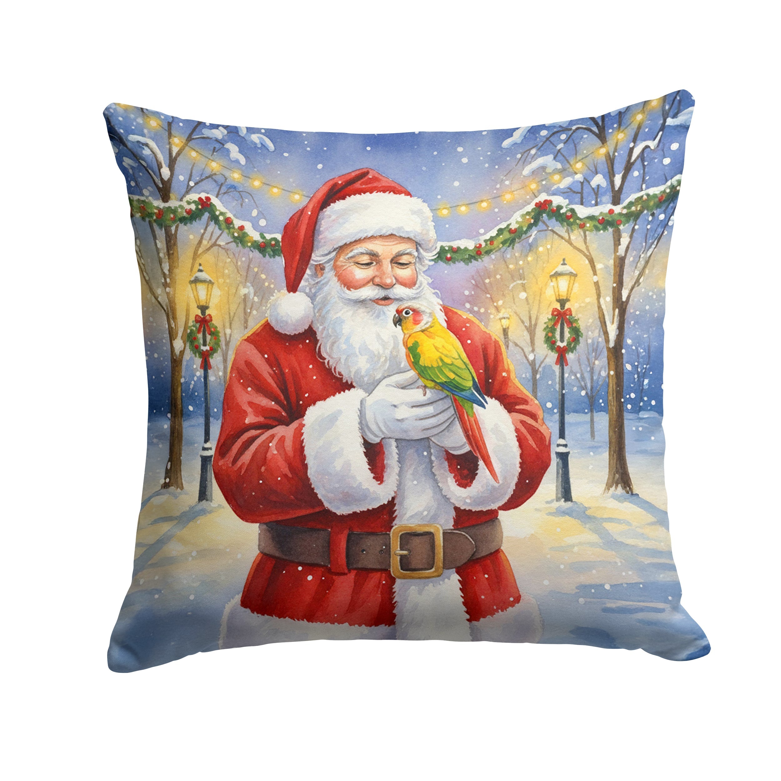 Green Cheeked Conure Parrot with Santa Claus Decorative Throw Pillow 18x18 Indoor Outdoor Accent Cushion, Fabric Cover with Insert for Sofa, Bed, Porch & Living Room