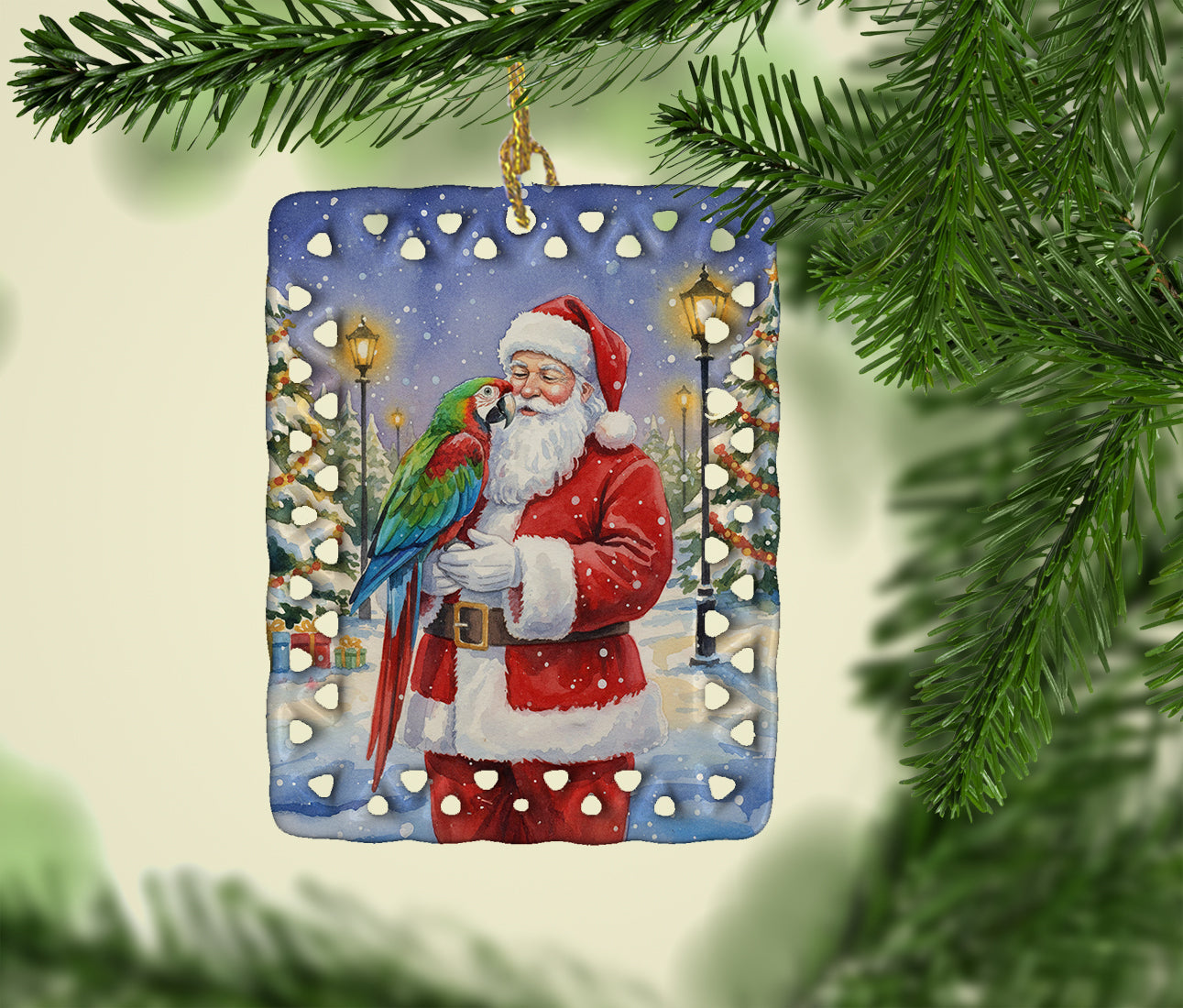 Green Winged Macaw Parrot with Santa Claus Porcelain Ornament Christmas Tree Hanging Decorations for Home Christmas Holiday, Rectangle, Gift, Multicolor