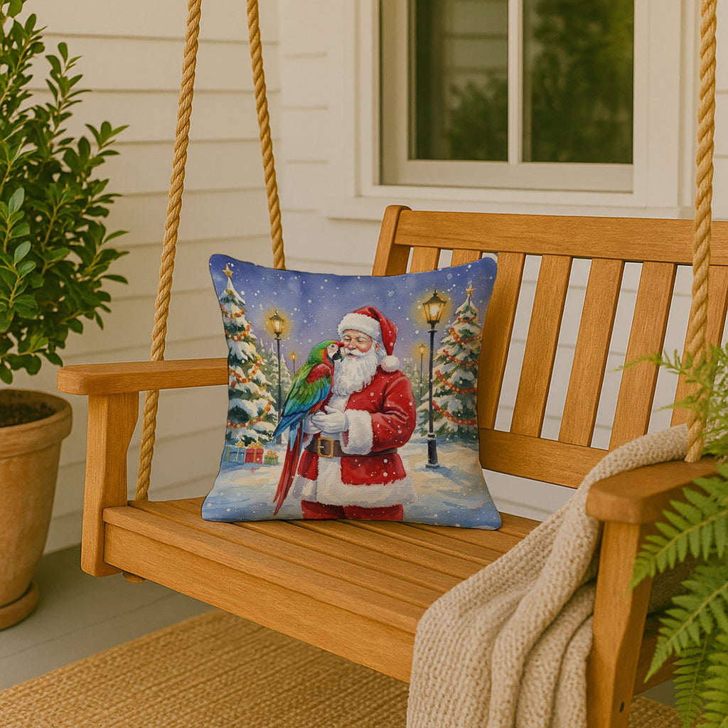 Green Winged Macaw Parrot with Santa Claus Decorative Throw Pillow 18x18 Indoor Outdoor Accent Cushion, Fabric Cover with Insert for Sofa, Bed, Porch & Living Room