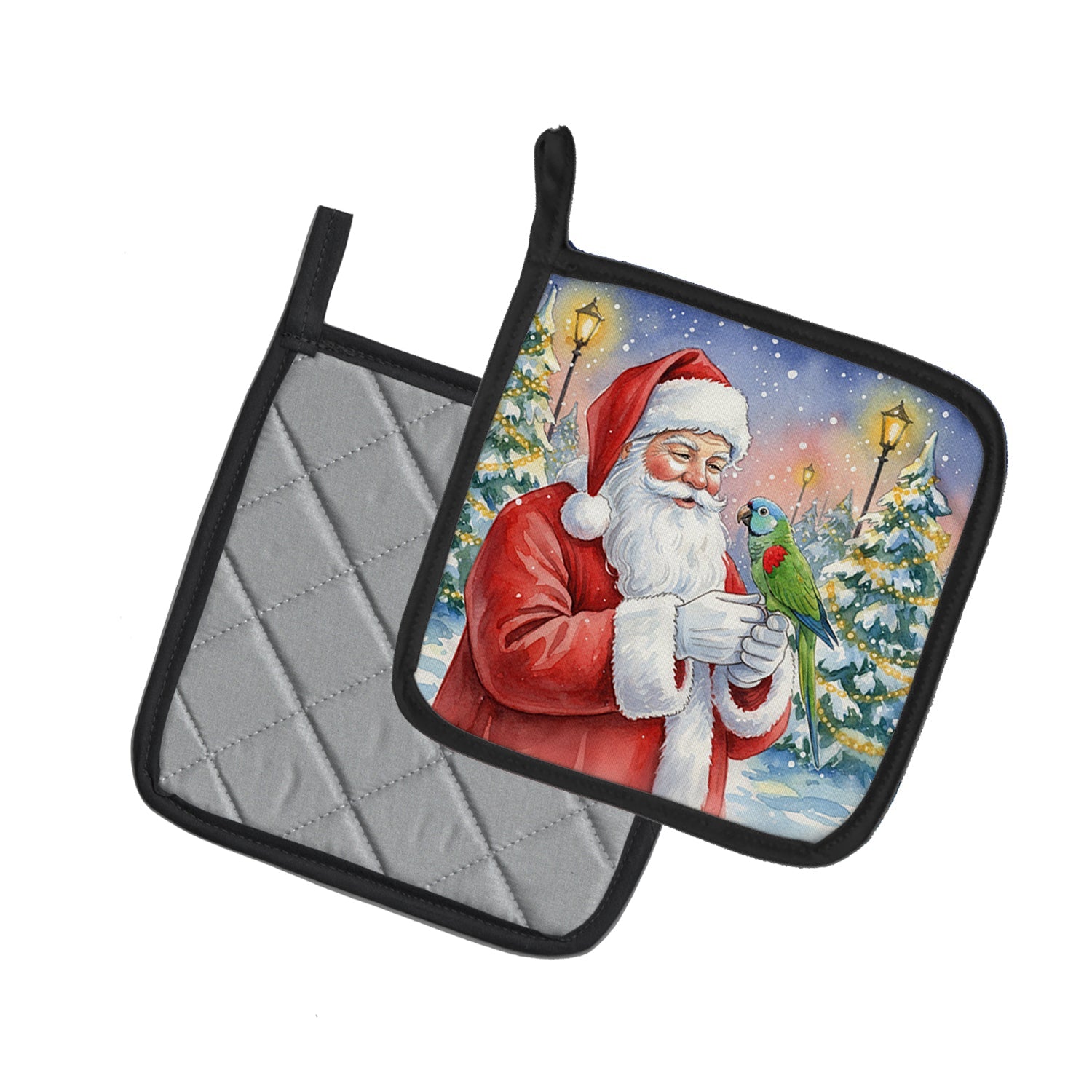Hahn’s Macaw Parrot with Santa Claus Pot Holder Set of 2 Heat Resistant Quilted Hot Pads 7.5 x 7.5 Inch, Insulated Kitchen Trivets for Cooking & Baking