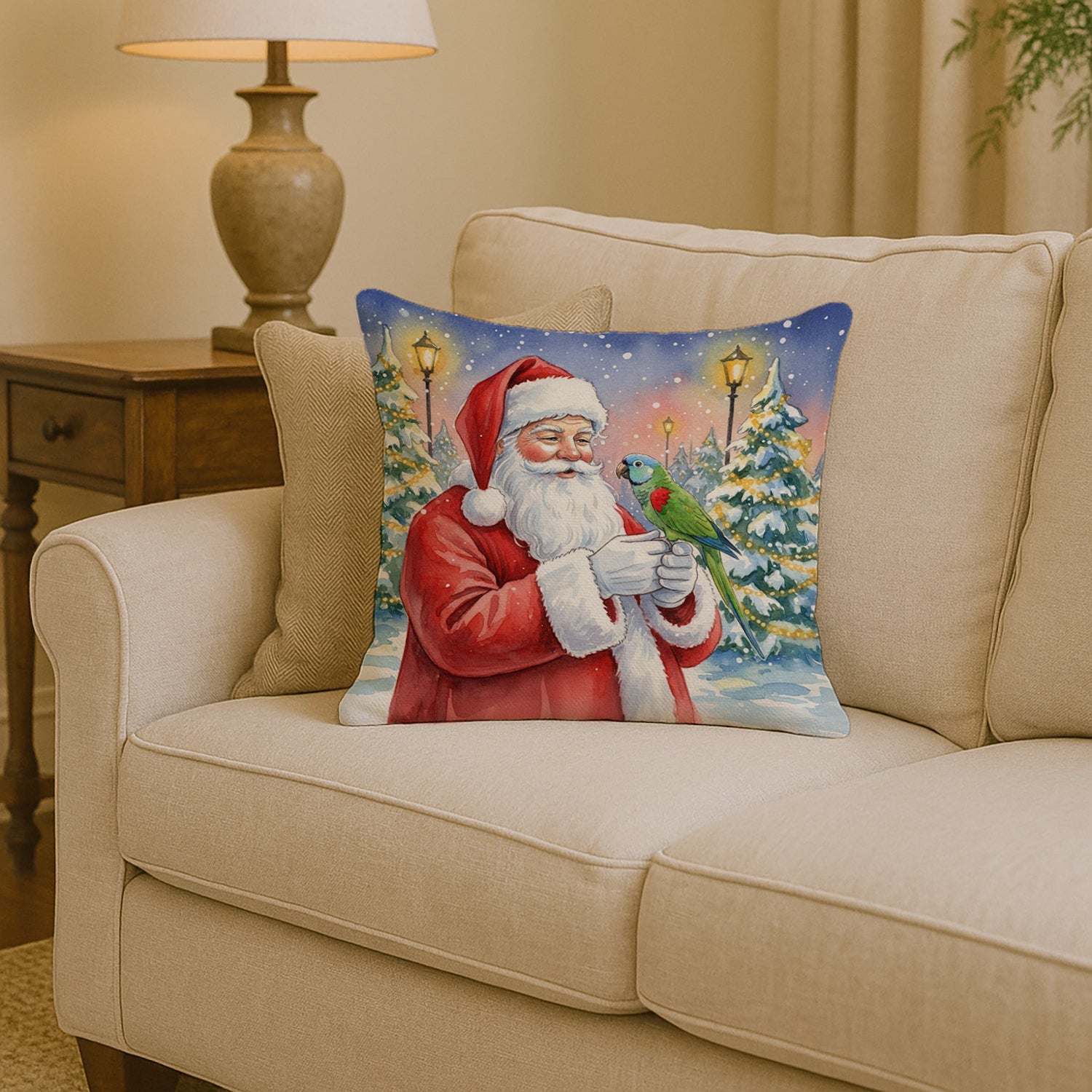 Hahn’s Macaw Parrot with Santa Claus Decorative Throw Pillow 14x14 Indoor Outdoor Accent Cushion, Fabric Cover with Insert for Sofa, Bed, Porch & Living Room