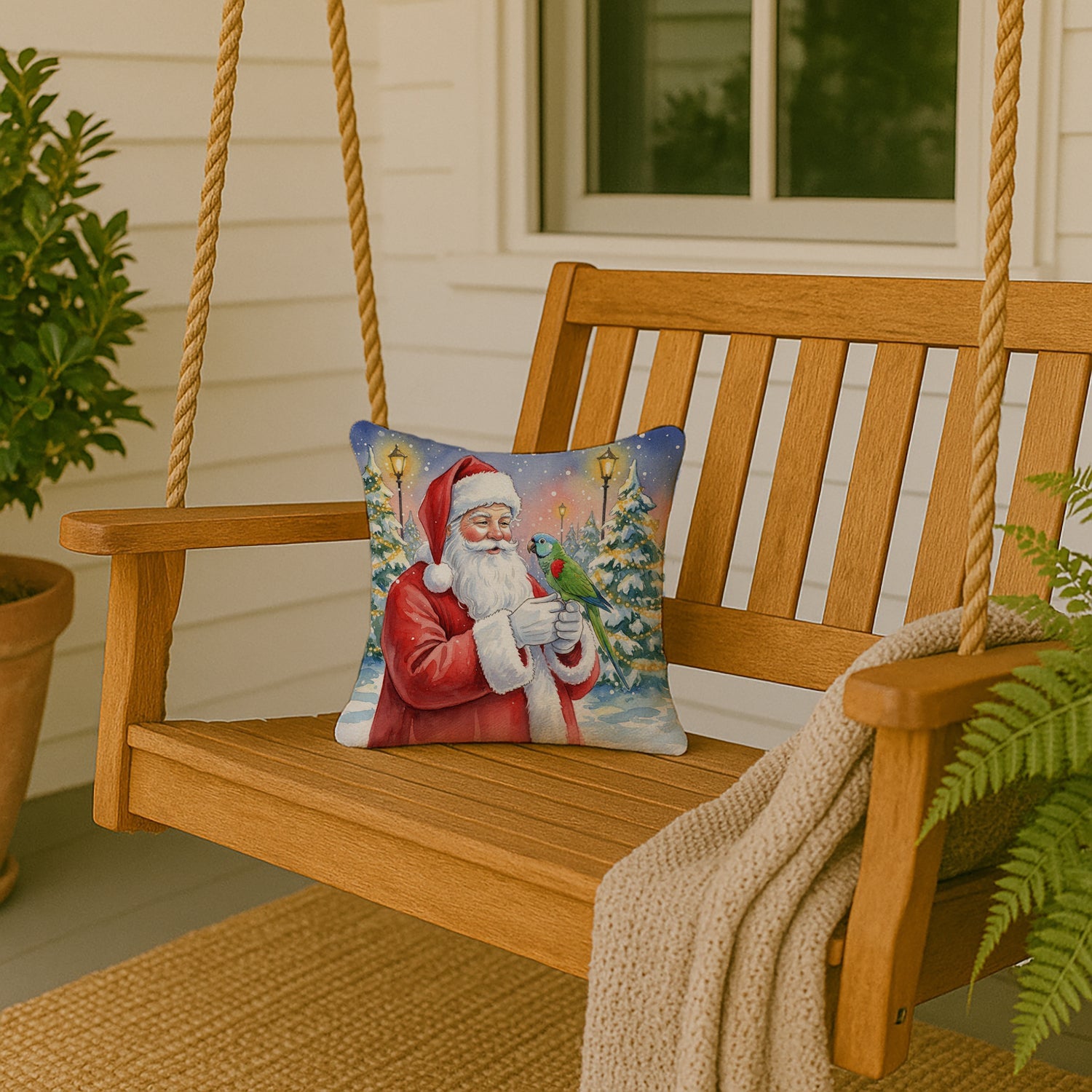 Hahn’s Macaw Parrot with Santa Claus Decorative Throw Pillow 14x14 Indoor Outdoor Accent Cushion, Fabric Cover with Insert for Sofa, Bed, Porch & Living Room