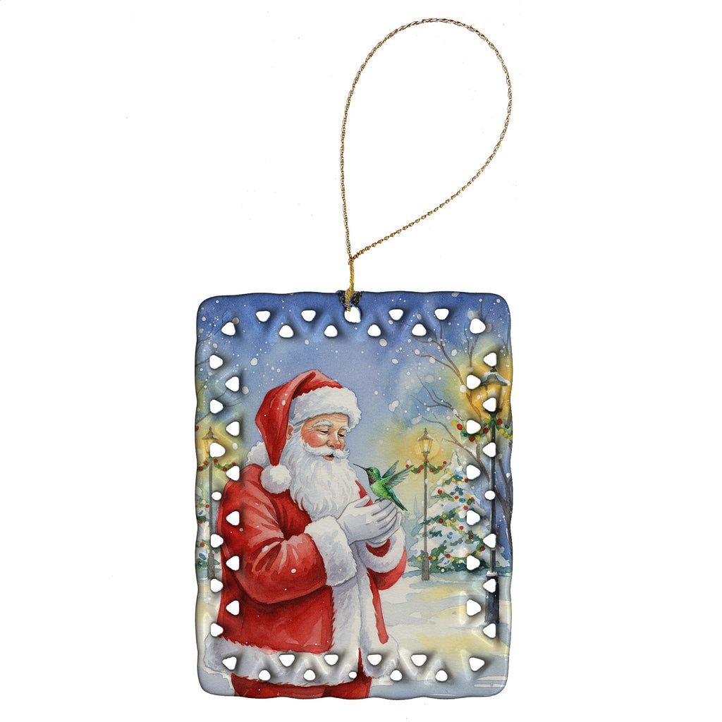 Hummingbird with Santa Claus Porcelain Ornament Christmas Tree Hanging Decorations for Home Christmas Holiday, Rectangle, Gift, Multicolor
