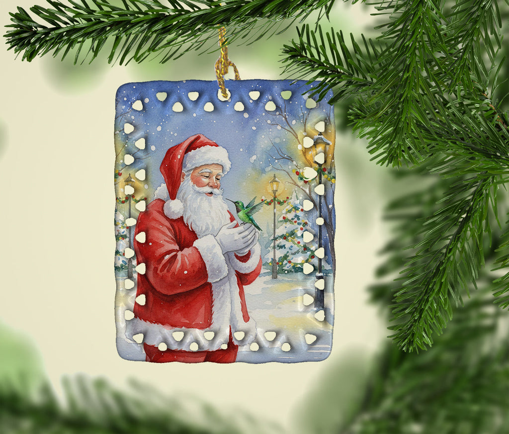Hummingbird with Santa Claus Porcelain Ornament Christmas Tree Hanging Decorations for Home Christmas Holiday, Rectangle, Gift, Multicolor