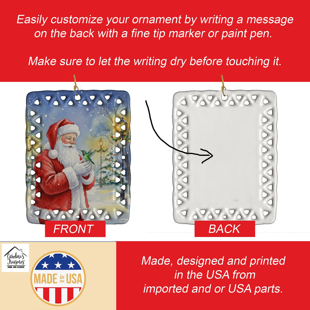 Hummingbird with Santa Claus Porcelain Ornament Christmas Tree Hanging Decorations for Home Christmas Holiday, Rectangle, Gift, Multicolor