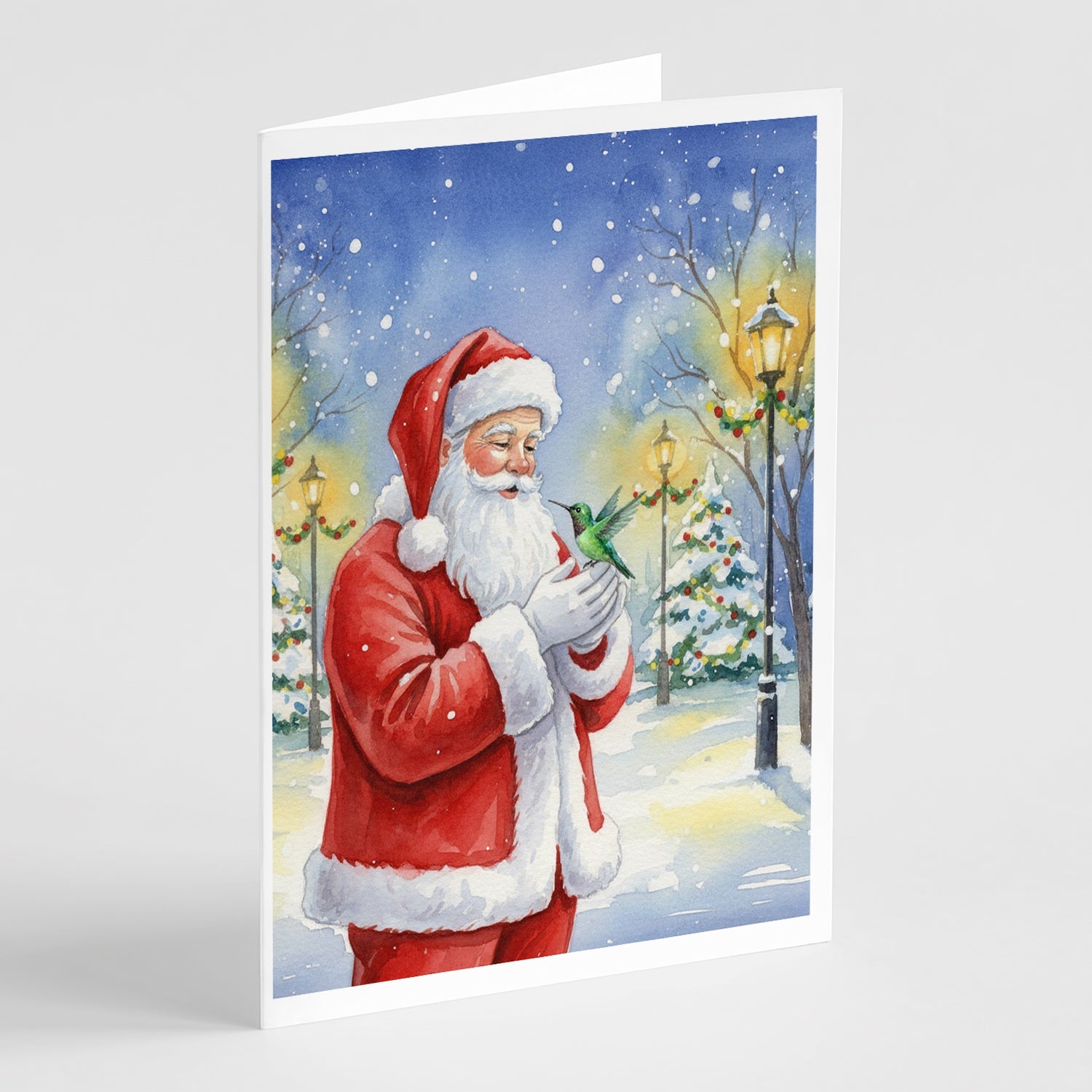 Hummingbird with Santa Claus Greeting Cards Pack of 8 Blank Cards with Envelopes Whimsical A7 Size 5x7