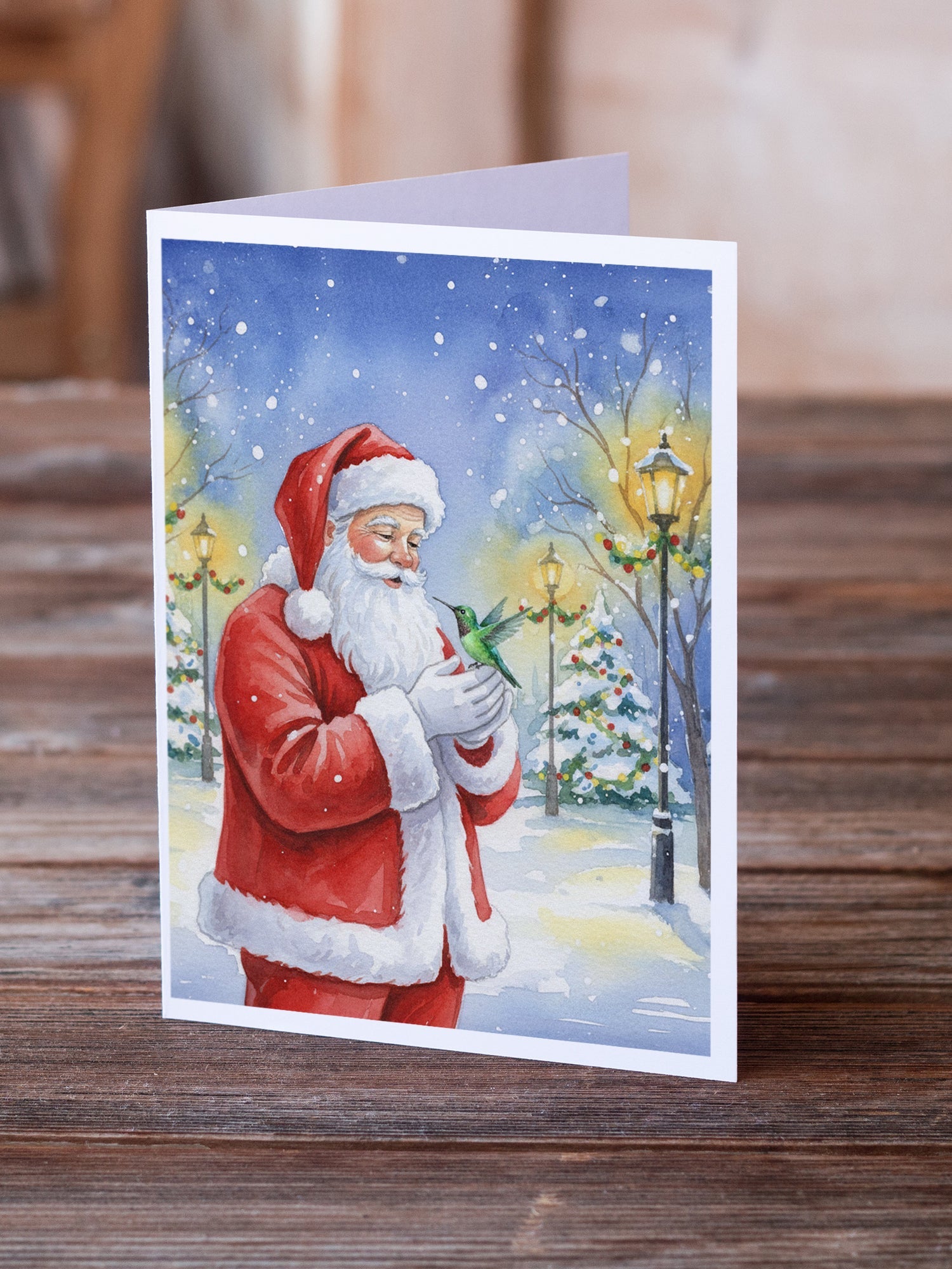 Hummingbird with Santa Claus Greeting Cards Pack of 8 Blank Cards with Envelopes Whimsical A7 Size 5x7