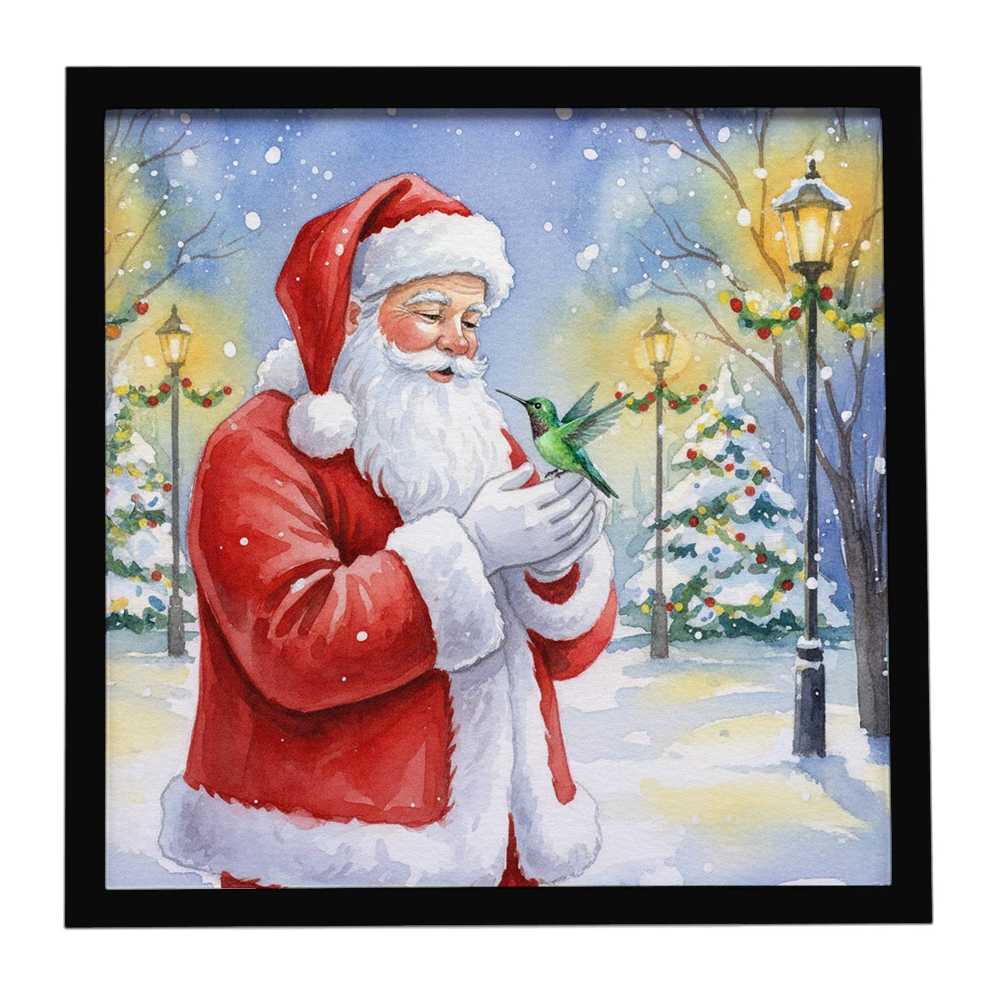 Hummingbird with Santa Claus Framed Metal Print Bathroom, Kitchen, Office, Home Decor Wall Art Ready to Hang, Square, 8X8