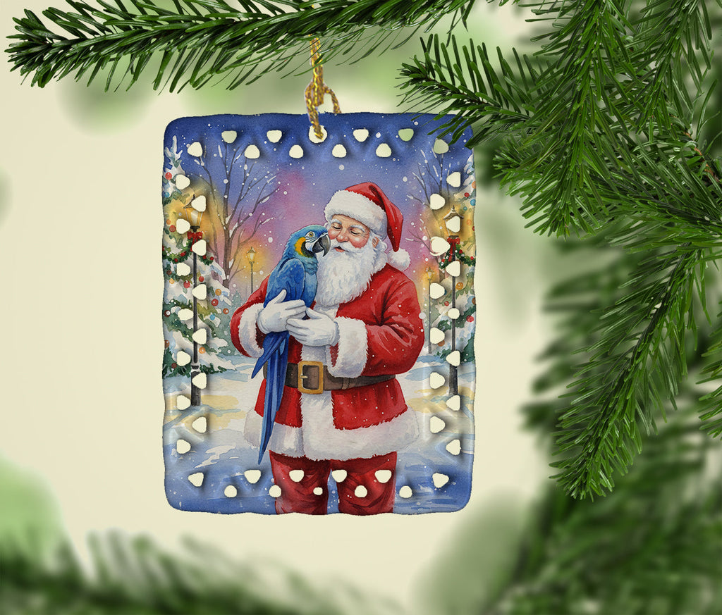 Hyacinth Macaw with Santa Claus Porcelain Ornament Christmas Tree Hanging Decorations for Home Christmas Holiday, Rectangle, Gift, Multicolor