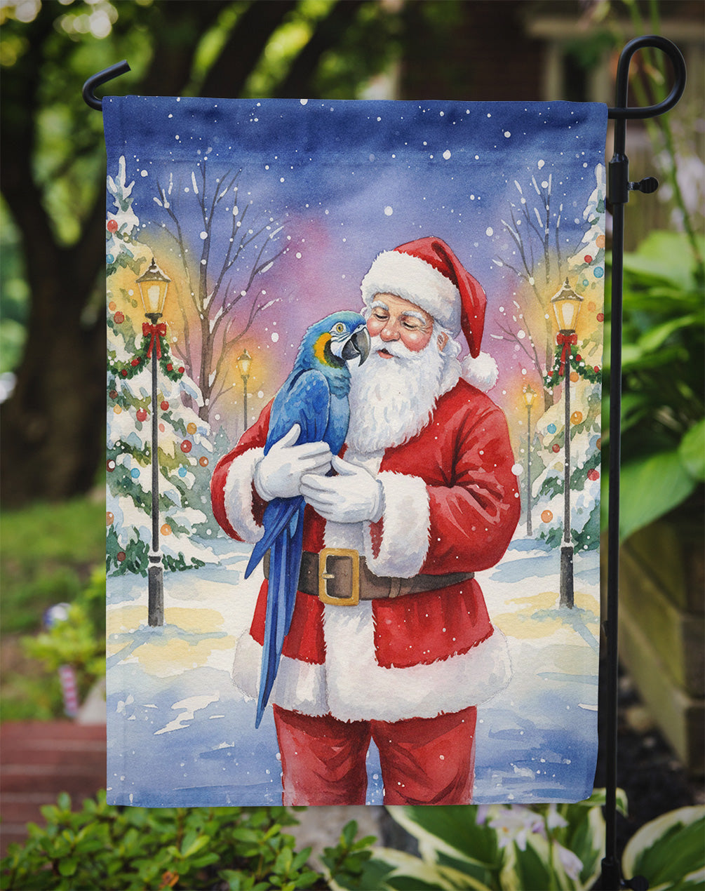 Hyacinth Macaw with Santa Claus Garden Flag Mailbox Decorative Yard Banner Outside Patio Artwork for Flower Beds, Garden Size, Multicolor
